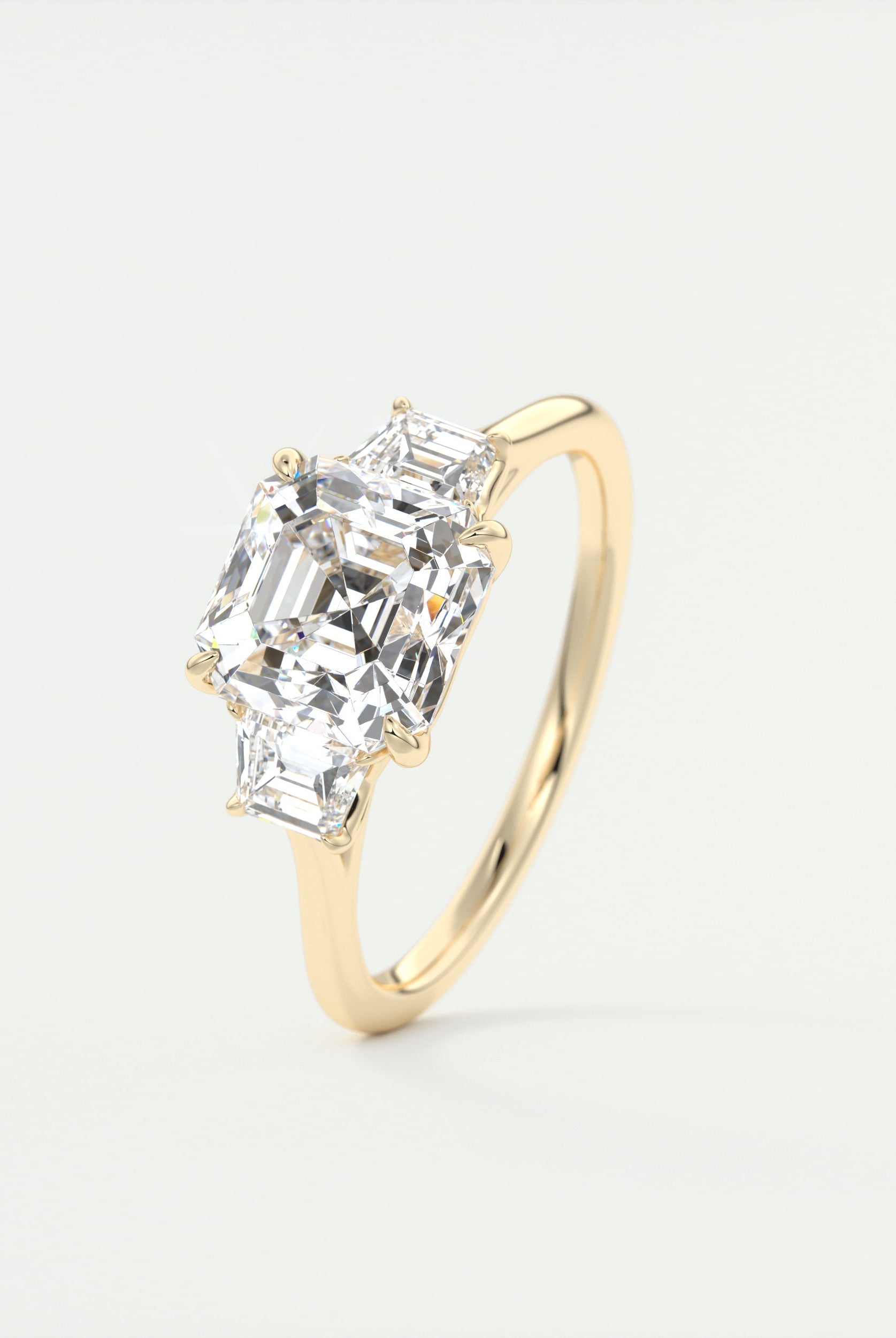 2CT Three Stone Asscher Moissanite Diamond Cathedral Set Engagement Ring