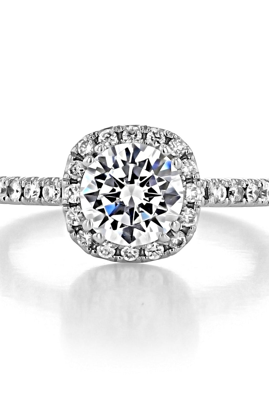 1.0ct Round Halo Moissanite Diamond Four Prong Engagement Ring