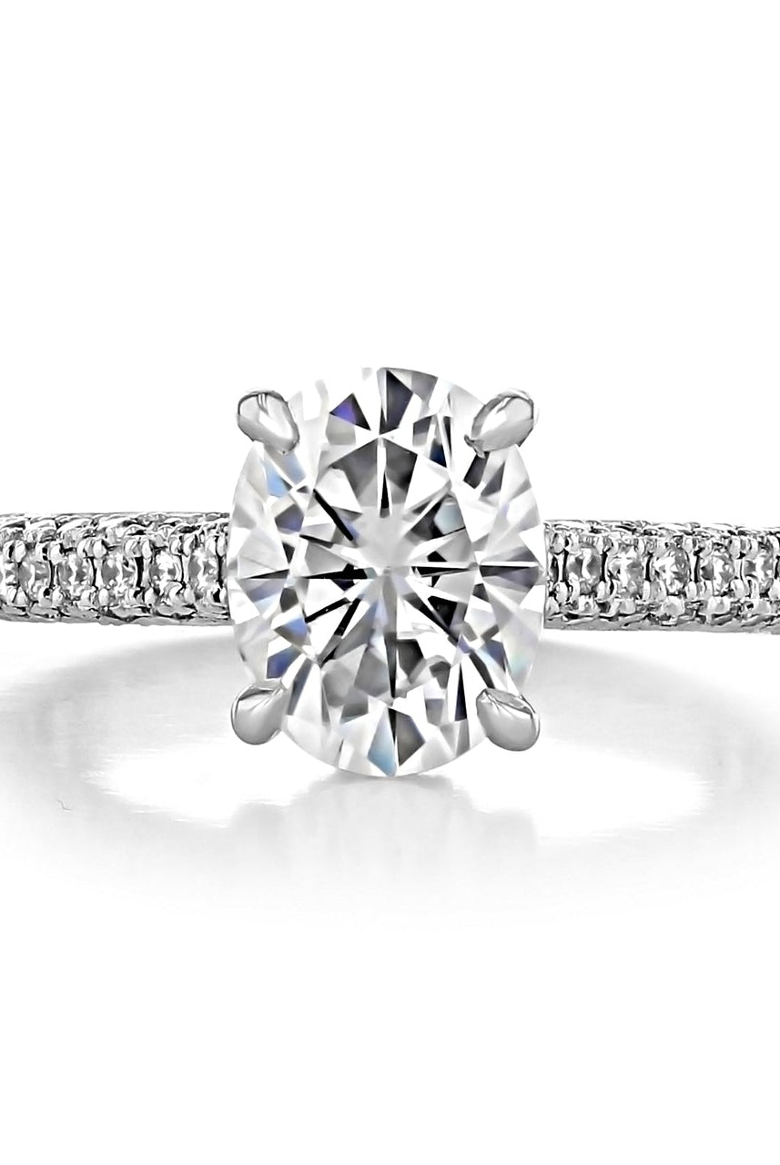 1.93ct Oval Hidden Halo Moissanite Diamond Three Sided Pave Engagement Ring