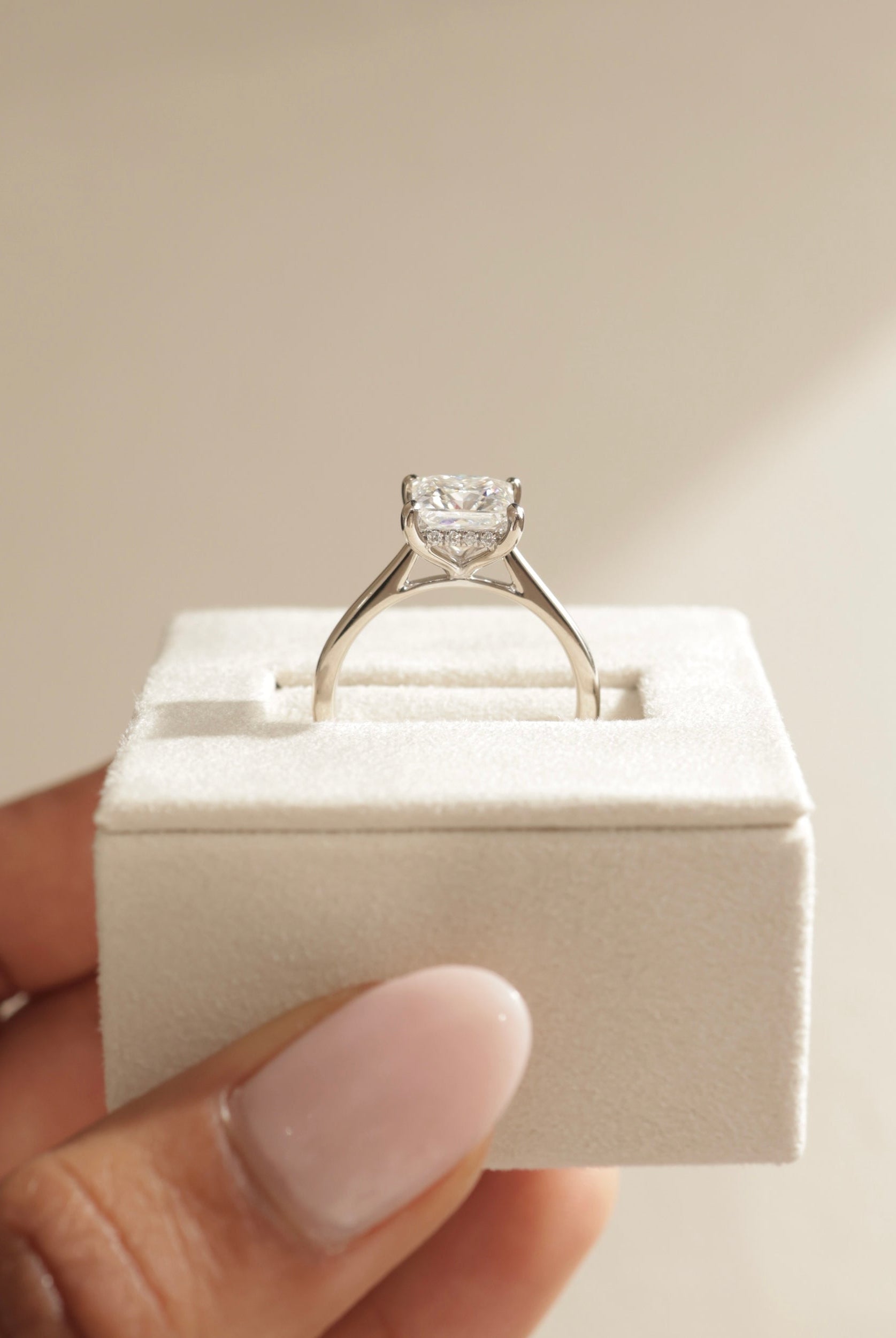 hidden halo setting ring, moissanite hidden halo engagement ring, square cut moissanite ring, modern princess cut ring, elegant moissanite engagement ring