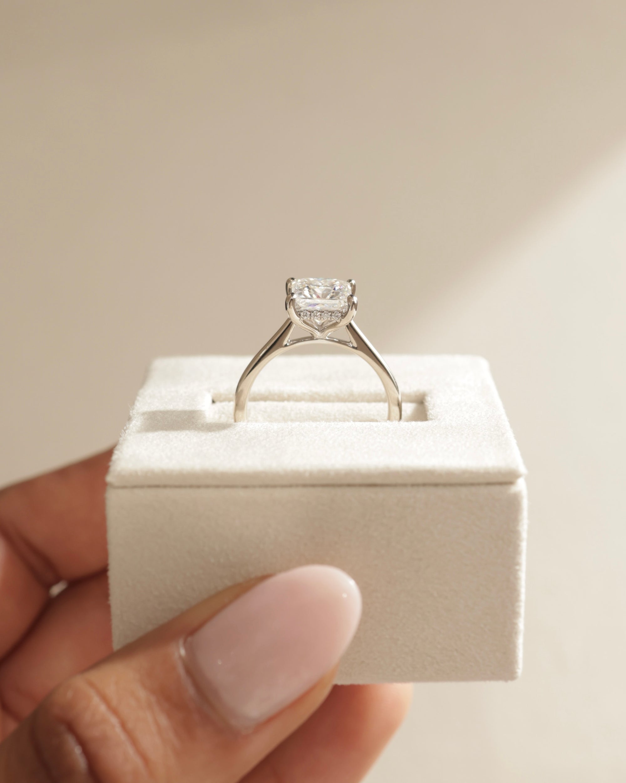 hidden halo setting ring, moissanite hidden halo engagement ring, square cut moissanite ring, modern princess cut ring, elegant moissanite engagement ring