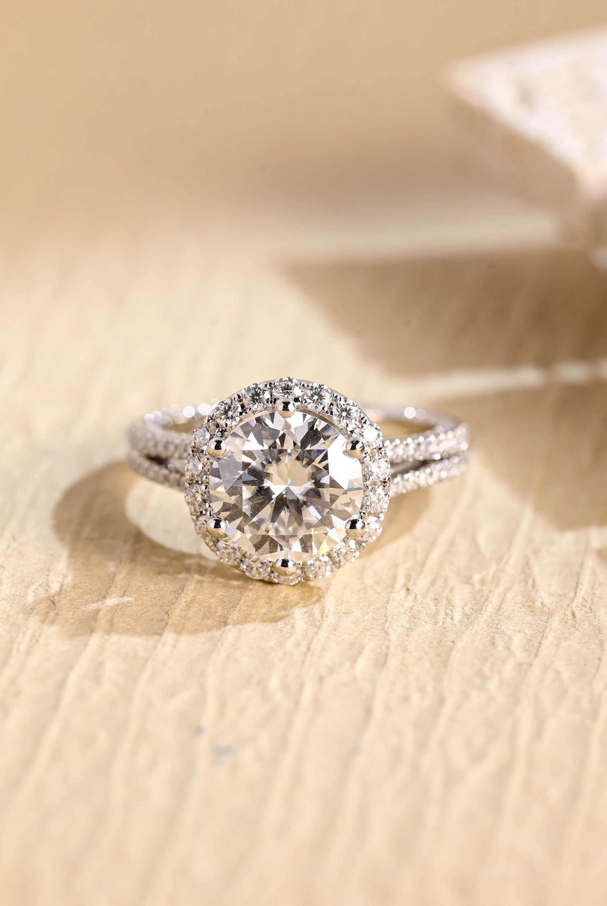 Buy Round Diamond Split Shank Halo Moissanite Ring