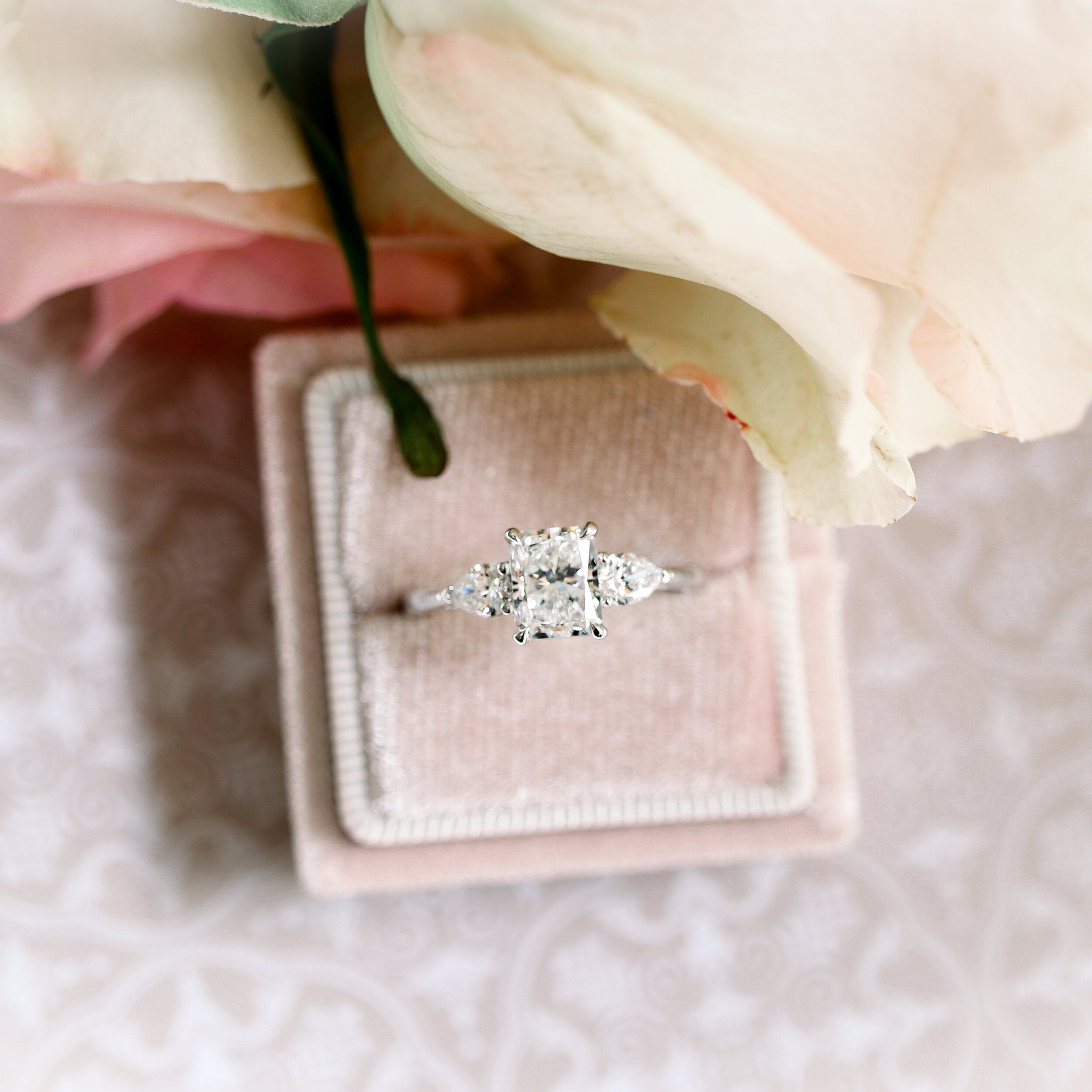 2.0CT Radiant Four Prong Moissanite Diamond Three Stone Engagement Ring for Women