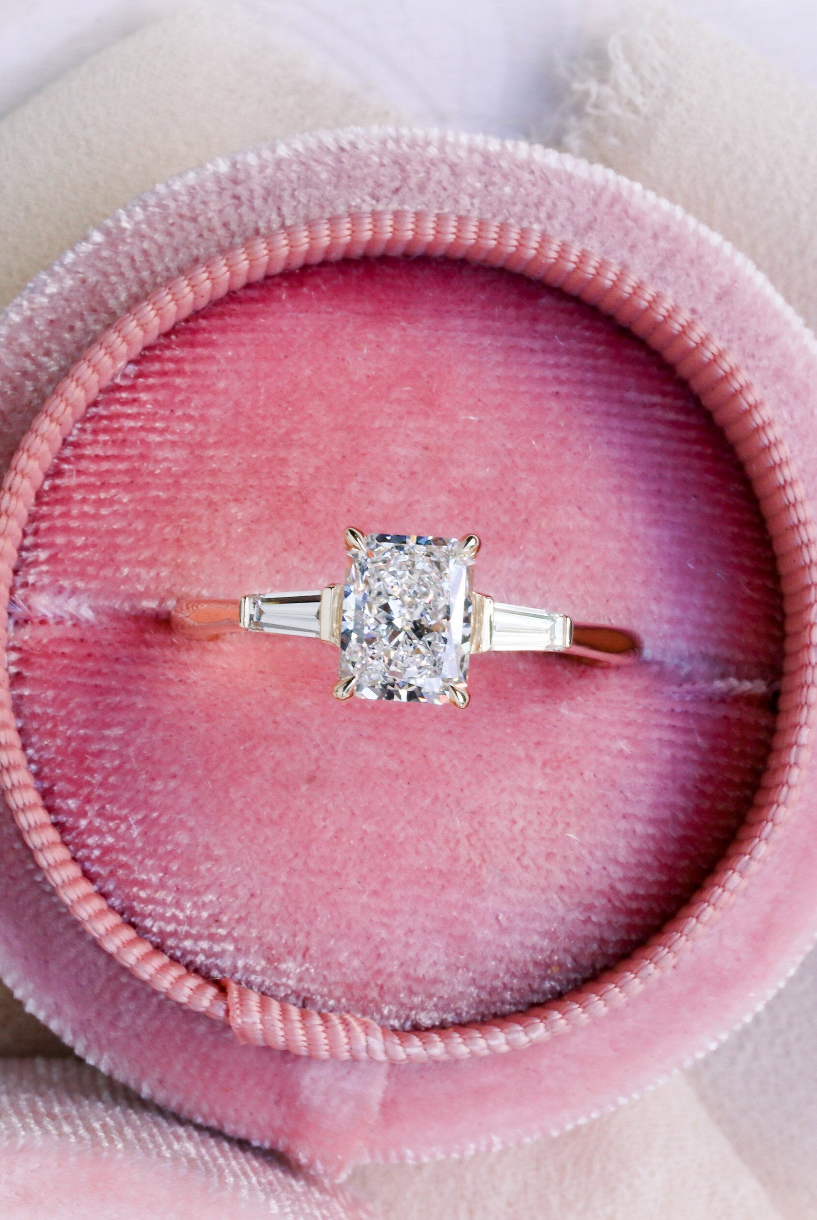 2.50CT Radiant Three Stone Moissanite Diamond Cathedral Set Engagement Ring