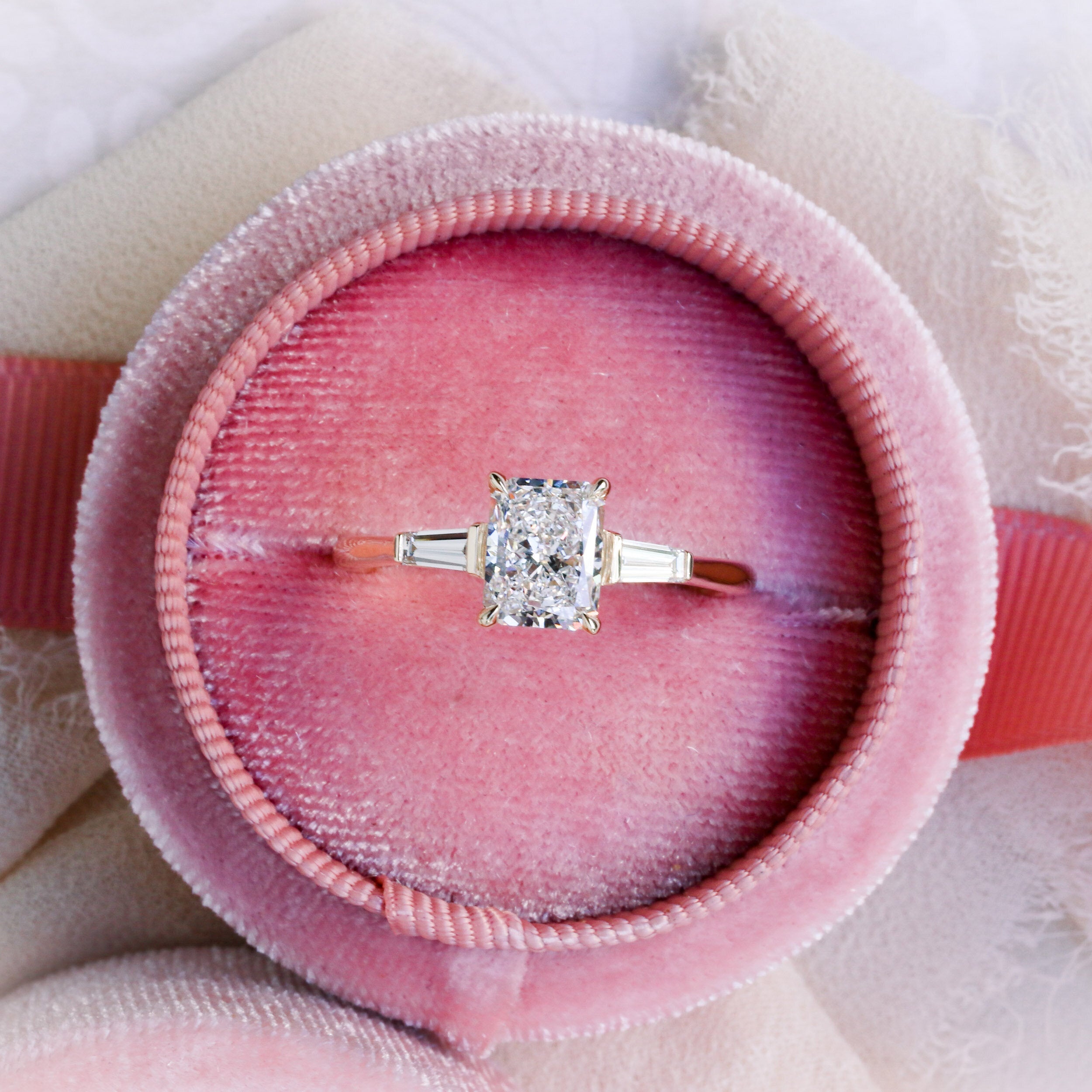 2.50CT Radiant Three Stone Moissanite Diamond Cathedral Set Engagement Ring