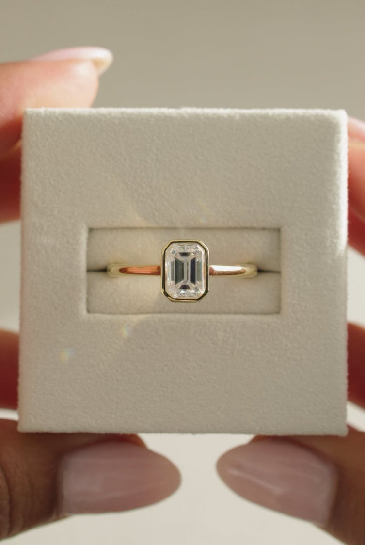 Emerald Cut Bezel Moissanite Ring