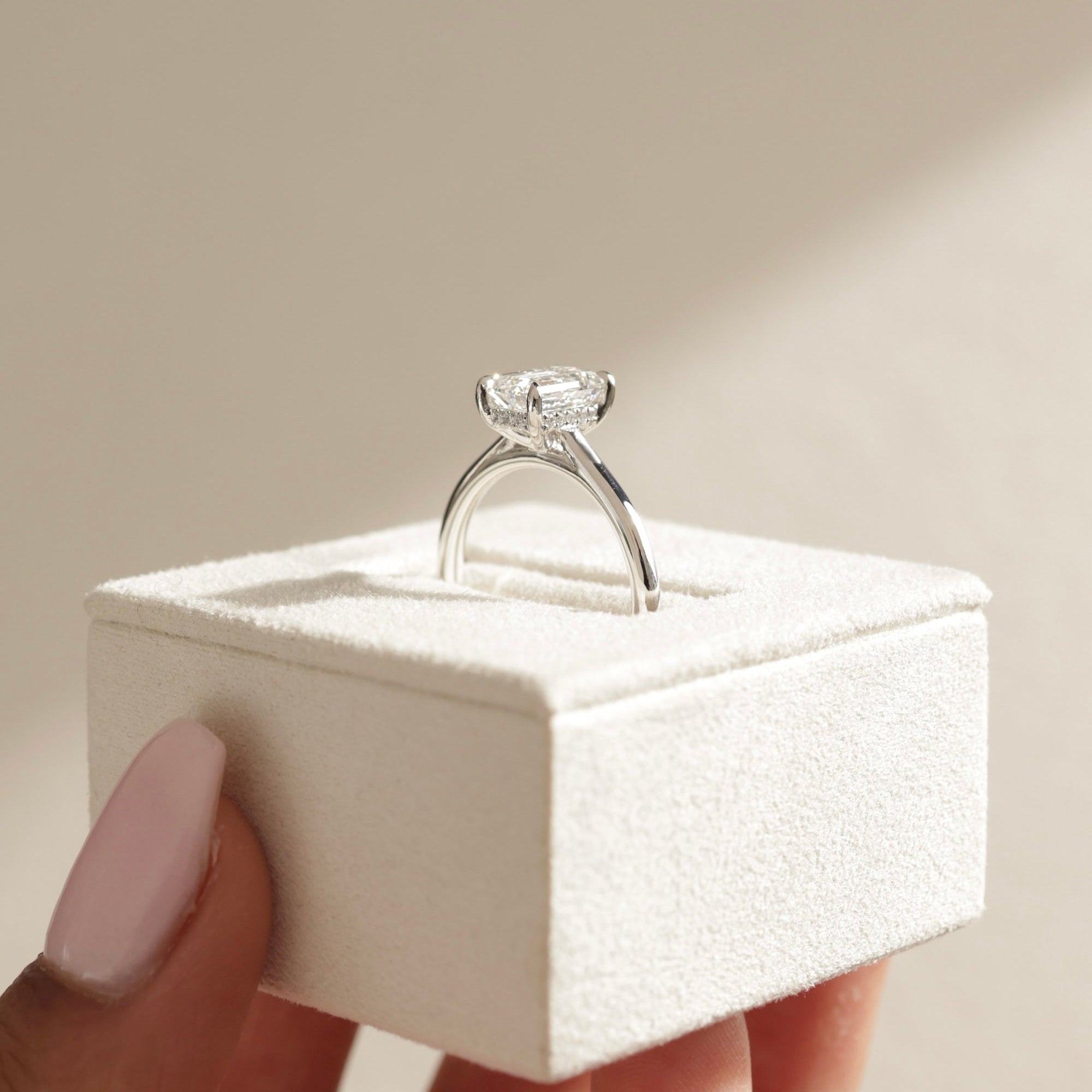 elegant hidden halo ring, vintage style hidden halo ring, hidden halo solitaire ring, round diamond hidden halo, yellow gold emerald ring, custom emerald cut engagement ring, emerald diamond ring for her