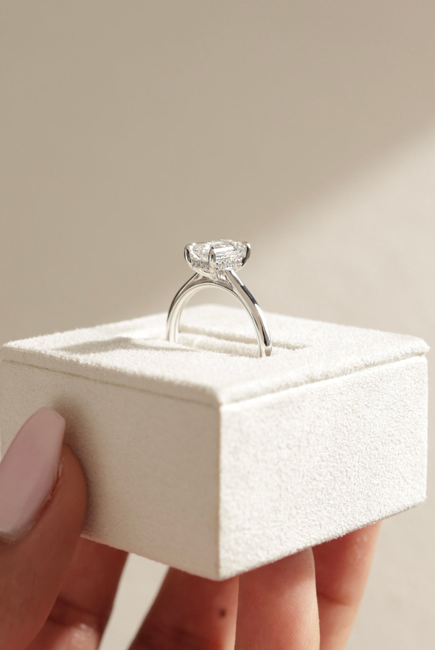 elegant hidden halo ring, vintage style hidden halo ring, hidden halo solitaire ring, round diamond hidden halo, yellow gold emerald ring, custom emerald cut engagement ring, emerald diamond ring for her