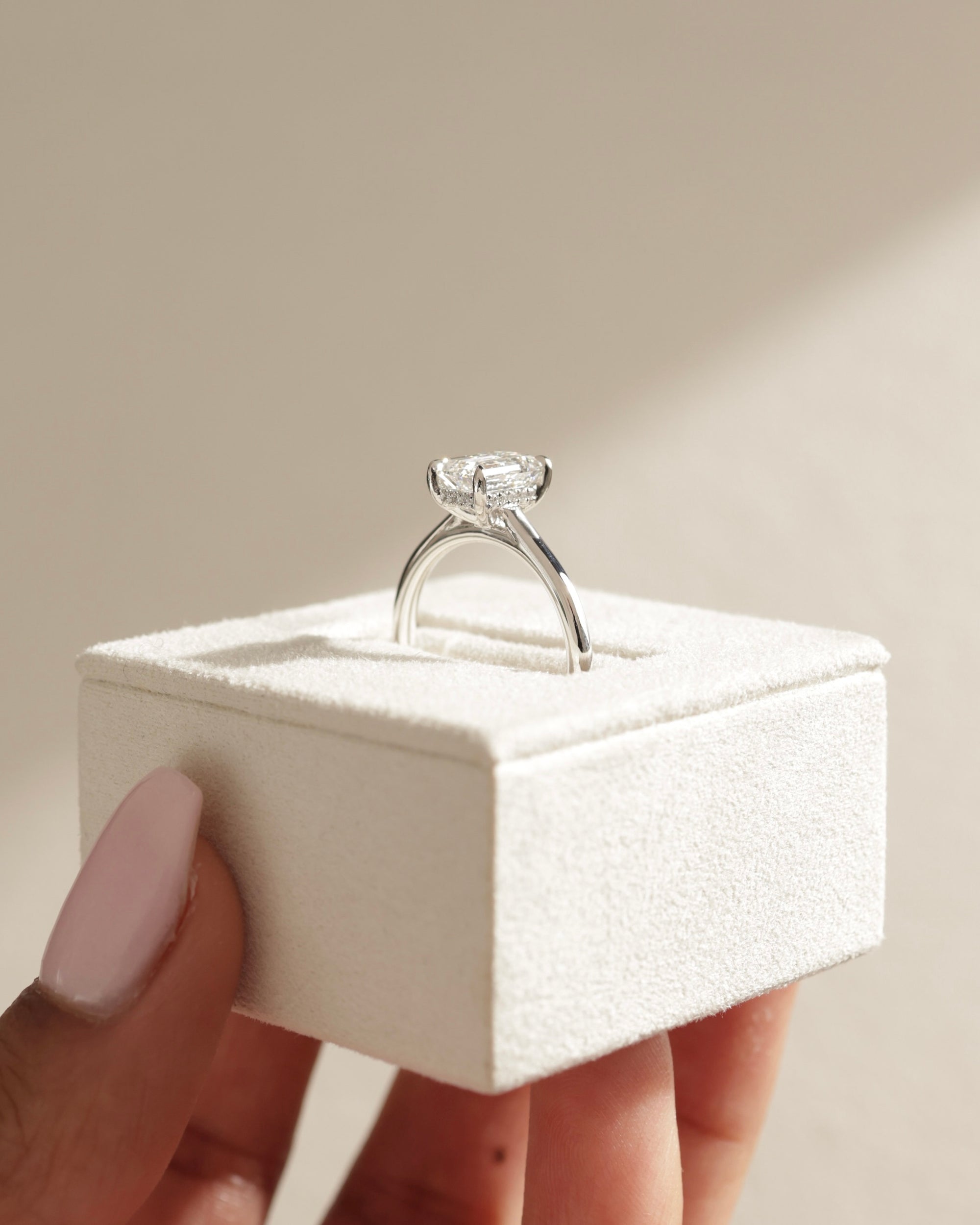 elegant hidden halo ring, vintage style hidden halo ring, hidden halo solitaire ring, round diamond hidden halo, yellow gold emerald ring, custom emerald cut engagement ring, emerald diamond ring for her