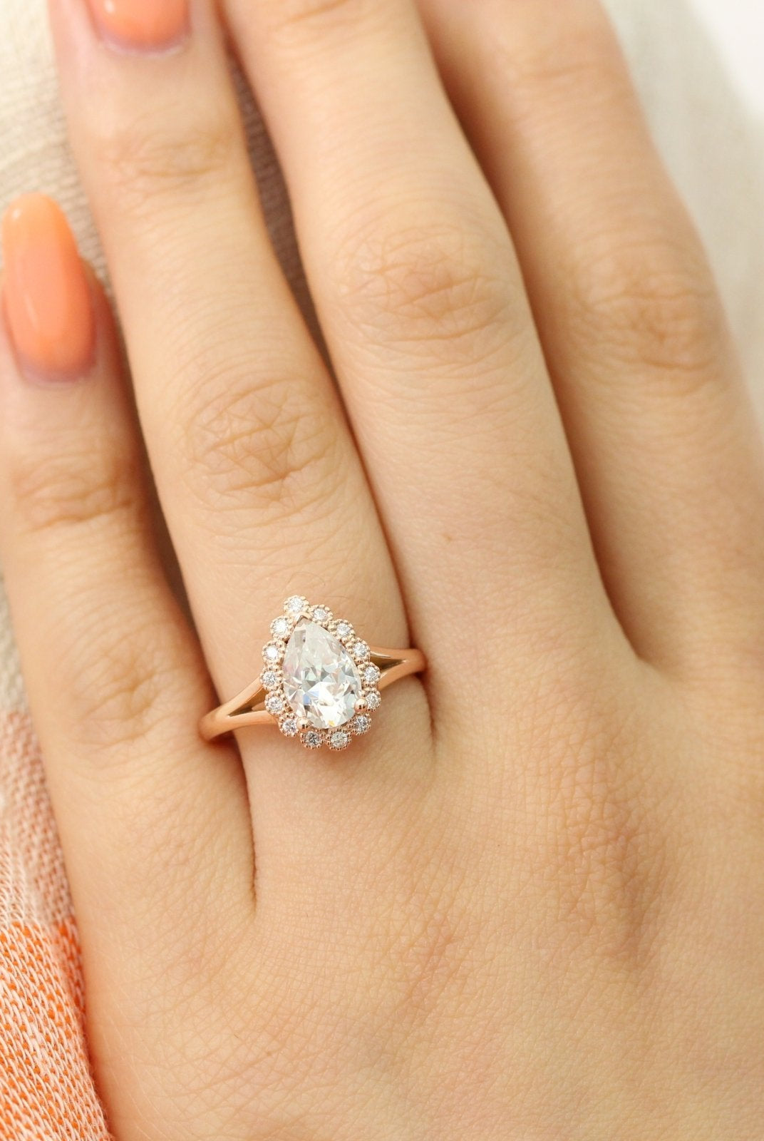 Pear Cut Moissanite Halo Ring