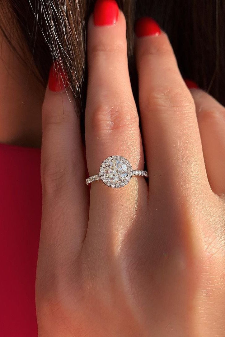 1.0CT Round Pave Moissanite Diamond Halo Engagement Ring In Solid Gold