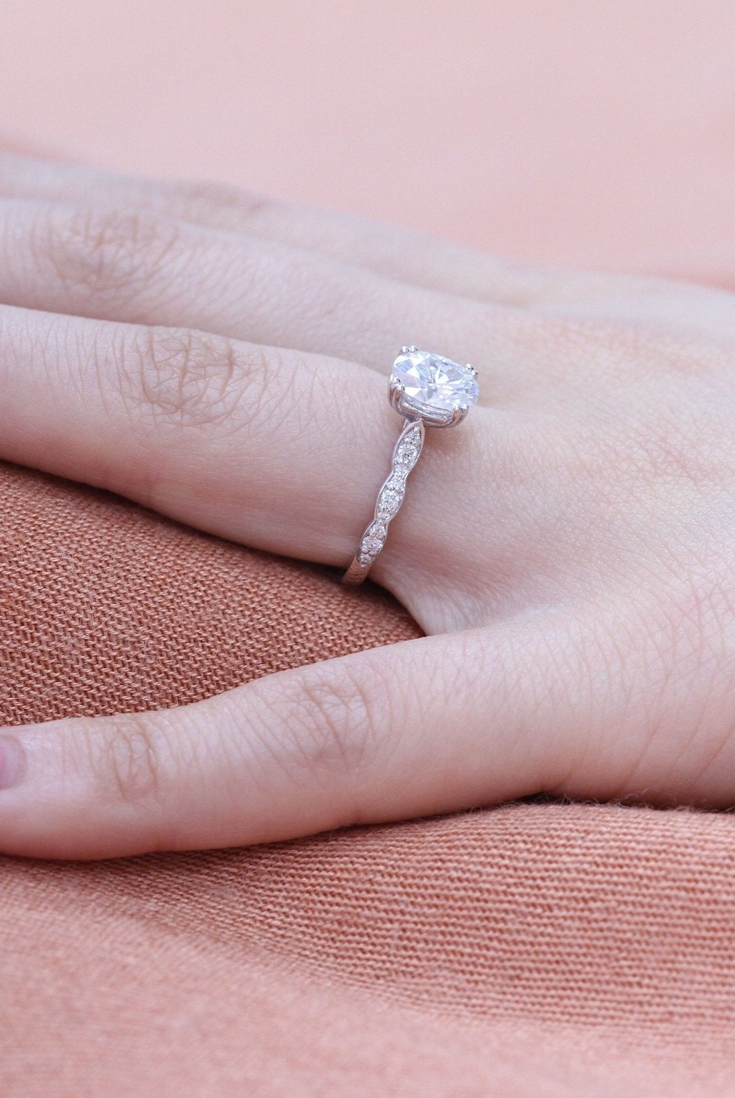 2.0CT Oval Double Claw Prong Moissanite Diamond Vintage Pave Engagement Ring