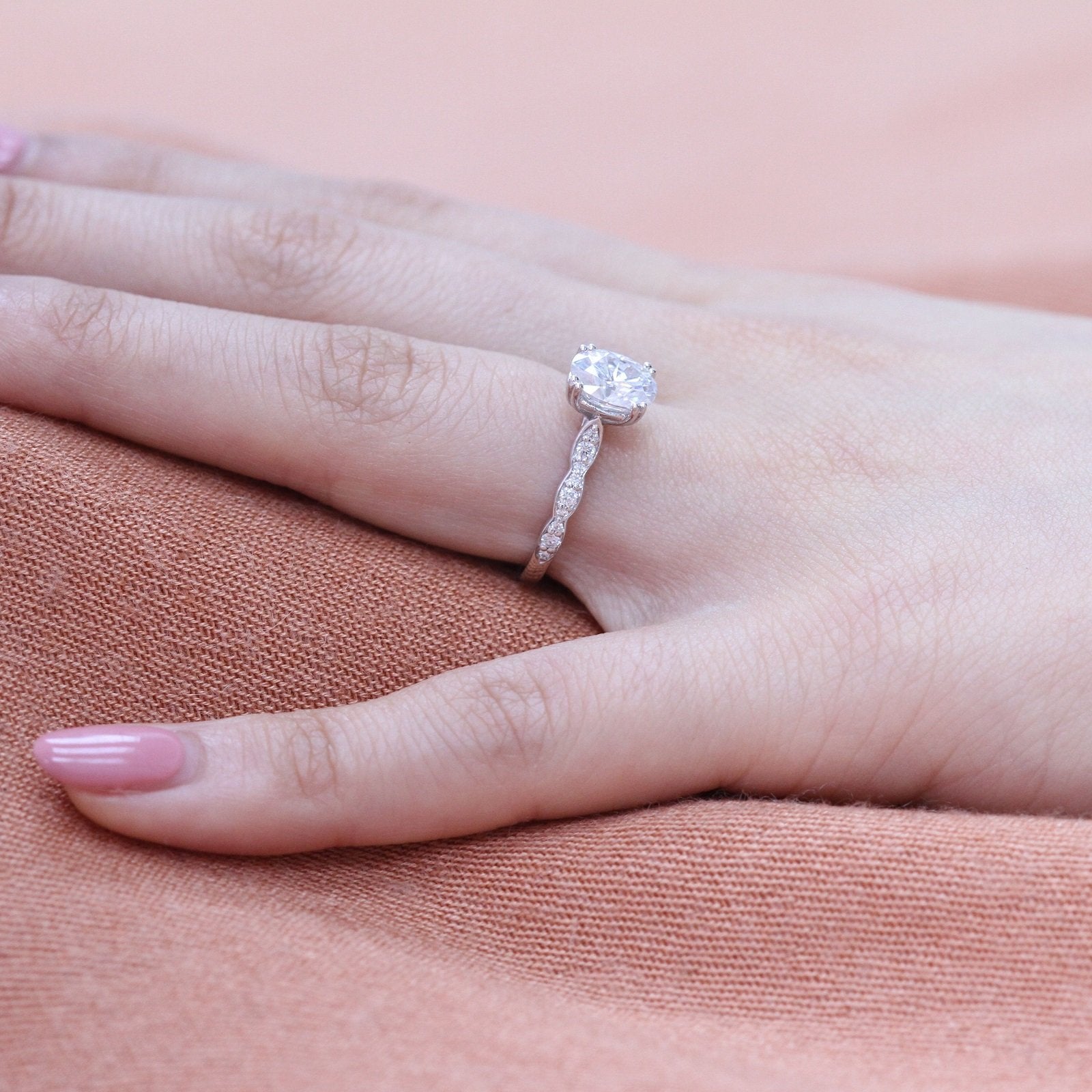 2.0CT Oval Double Claw Prong Moissanite Diamond Vintage Pave Engagement Ring