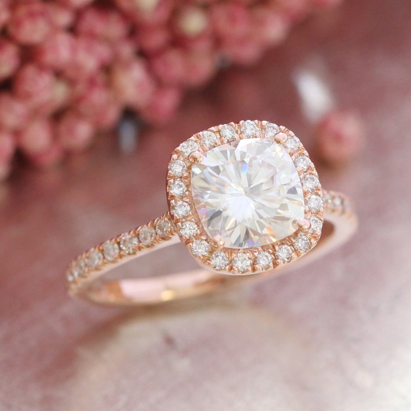 1.65CT Cathedral Set Cushion Halo Moissanite Diamond Engagement Ring