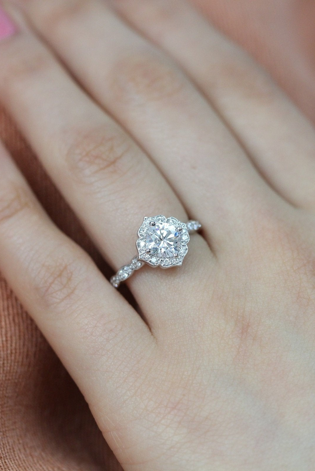 1.0CT Cushion Vintage Pave Moissanite Diamond Engagement Ring For Women
