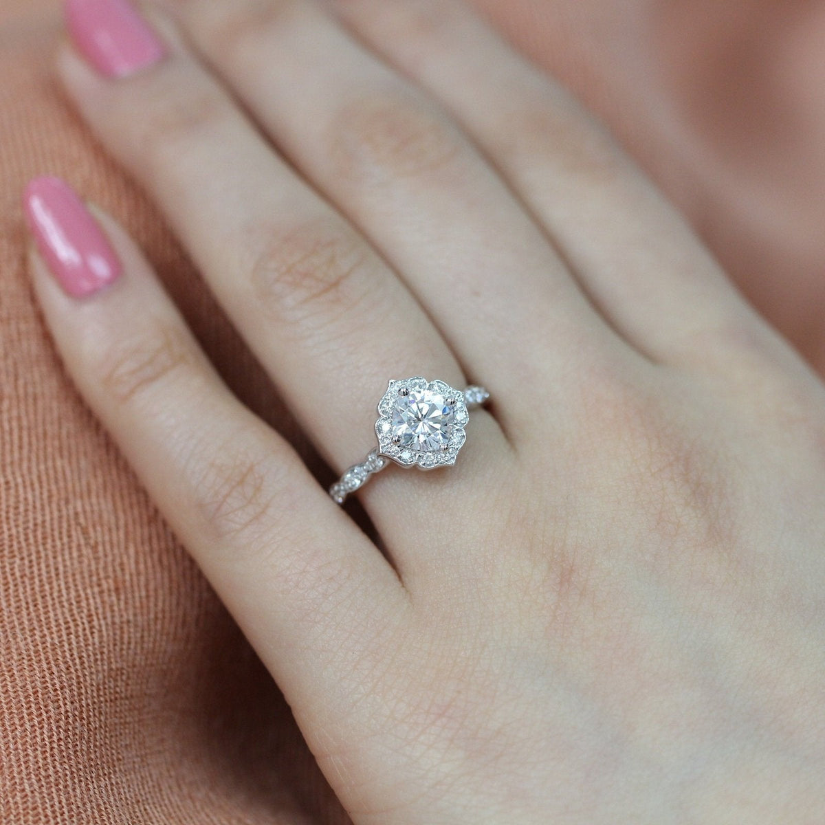 1.0CT Cushion Vintage Pave Moissanite Diamond Engagement Ring For Women
