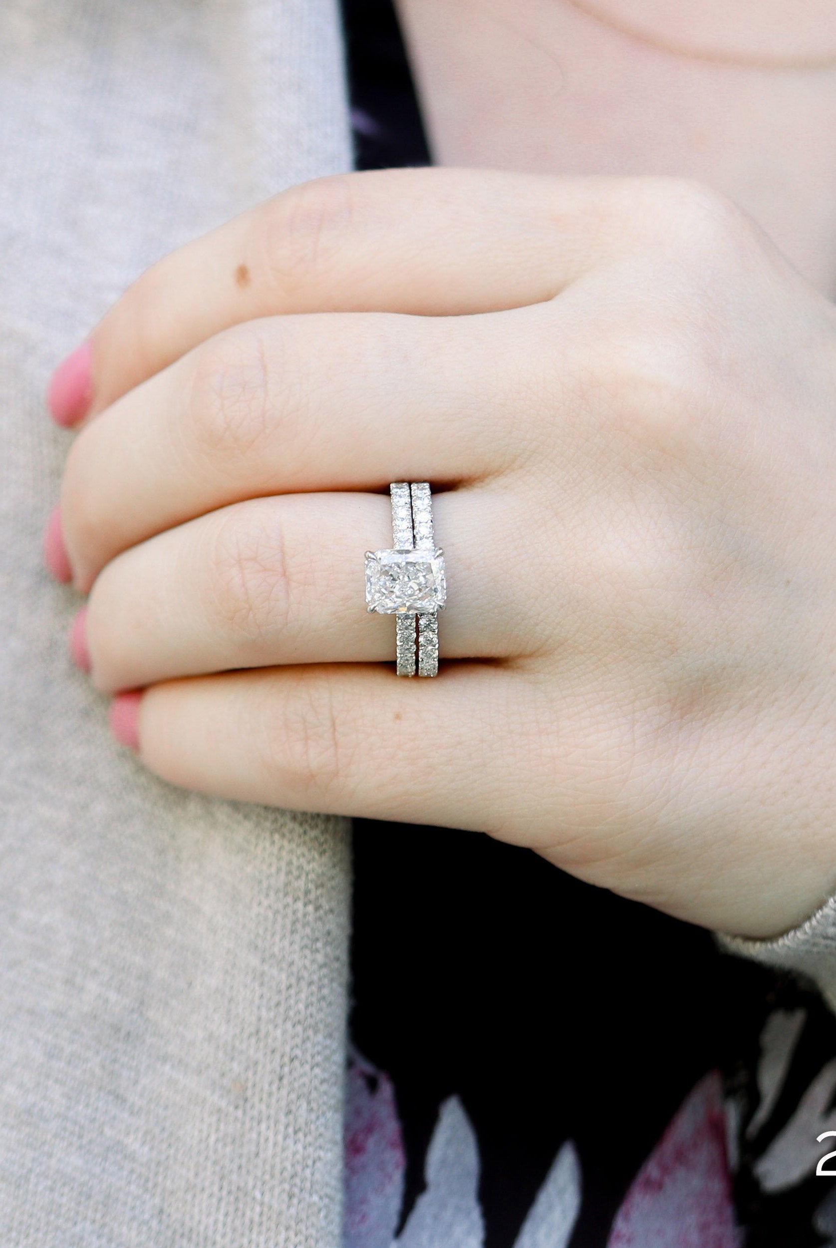 2.0CT Cathedral Set Radiant Moissanite Diamond Pave Engagement Ring In 14K White Gold
