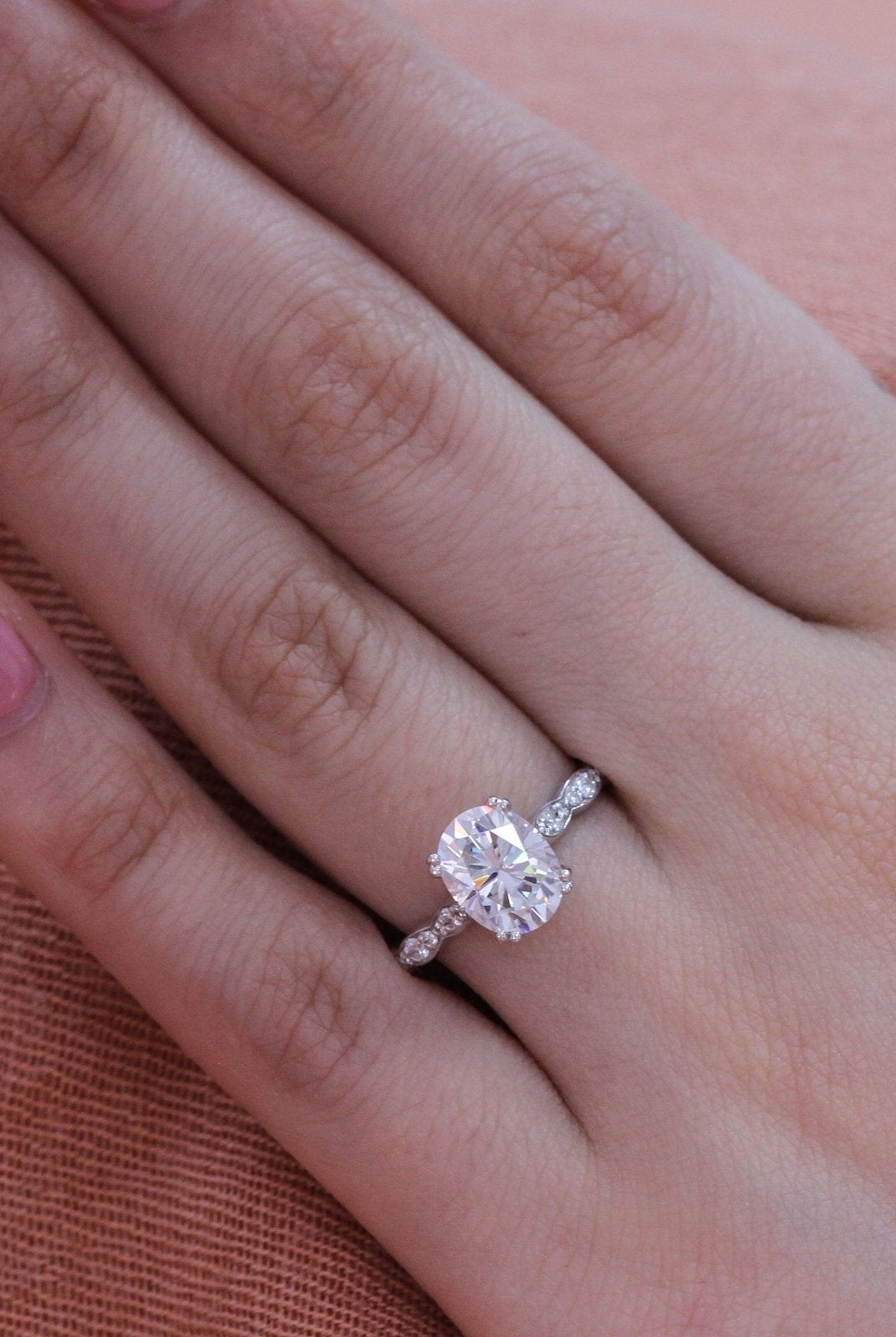 2.0CT Oval Double Claw Prong Moissanite Diamond Vintage Pave Engagement Ring