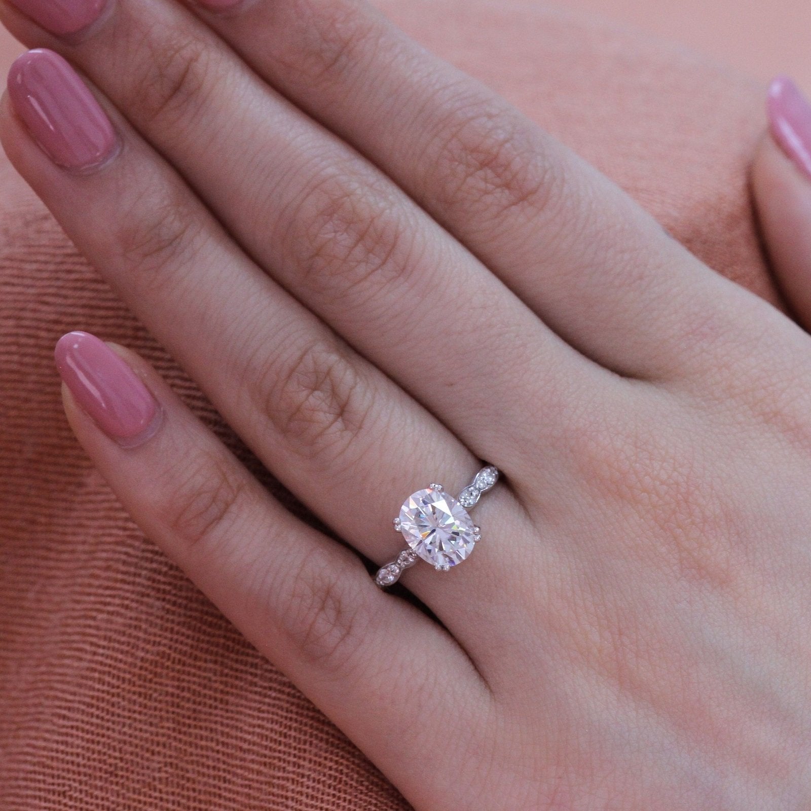 2.0CT Oval Double Claw Prong Moissanite Diamond Vintage Pave Engagement Ring