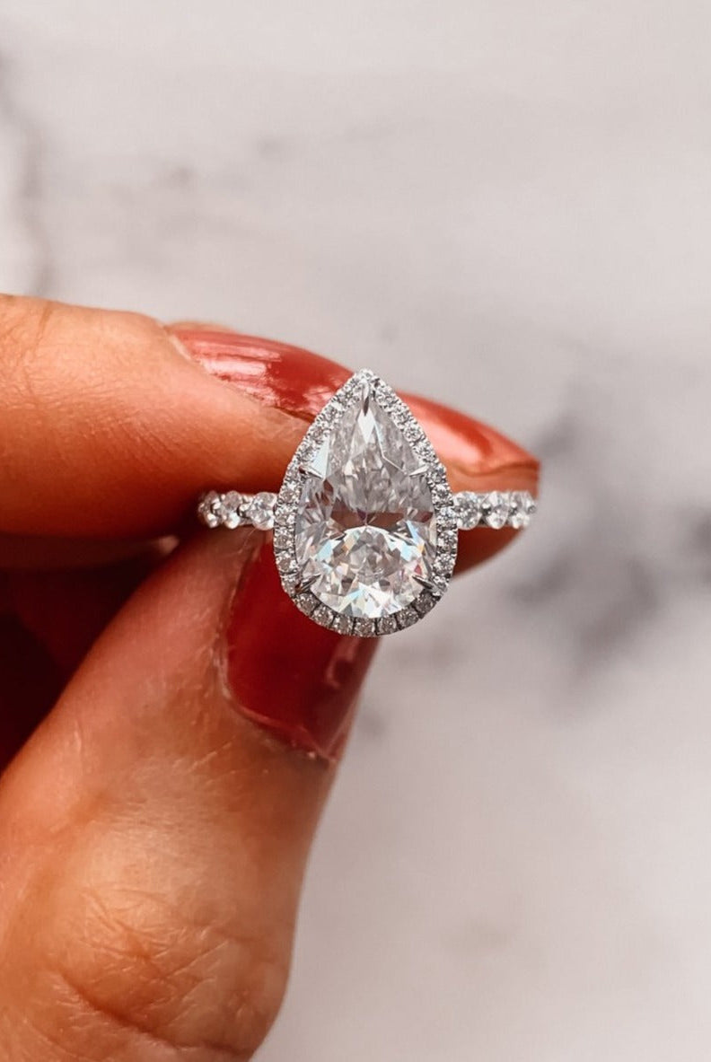 2.0CT Pear Halo Moissanite Diamond Bubble Pave Engagement Ring