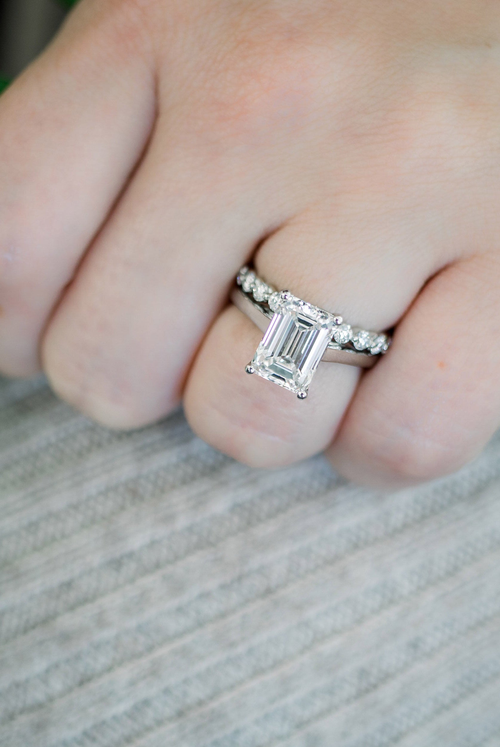 1.75ct Cathedral Set Emerald Cut Moissanite Diamond Solitaire Engagement Ring