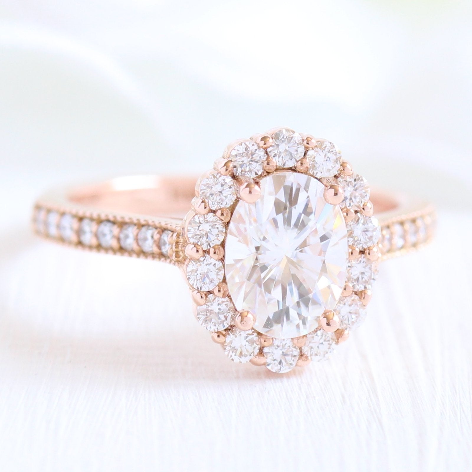 1.50CT Oval Floral Halo Moissanite Diamond Channel Set Engagement Ring