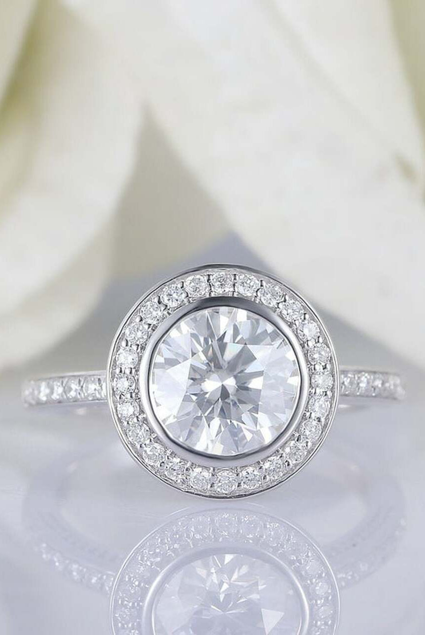 1.5CT Round Halo Moissanite Diamond Pave Engagement Ring In 14K White Gold