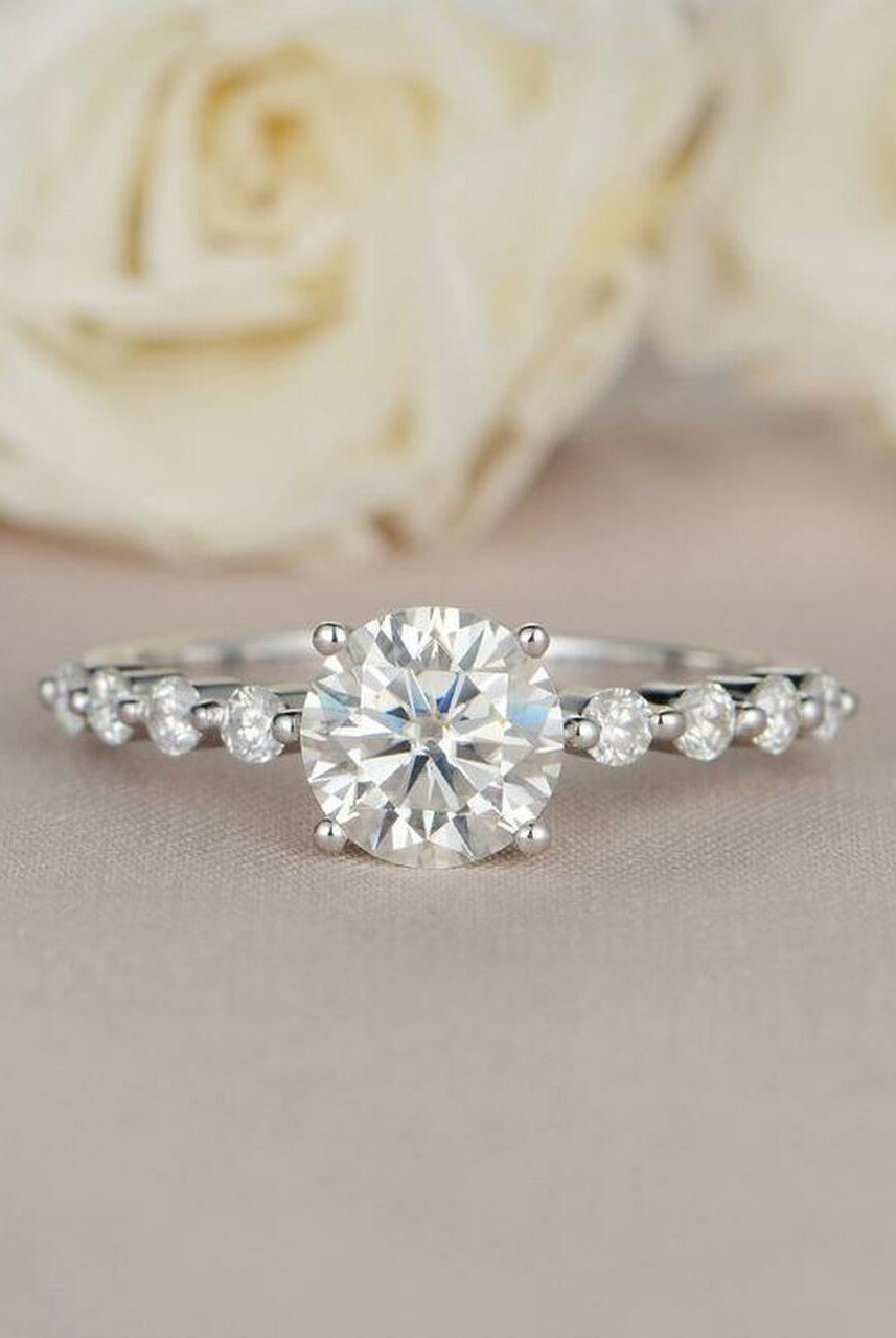 1.0CT Round Bubble Pave Moissanite Diamond Four Prong Engagement Ring
