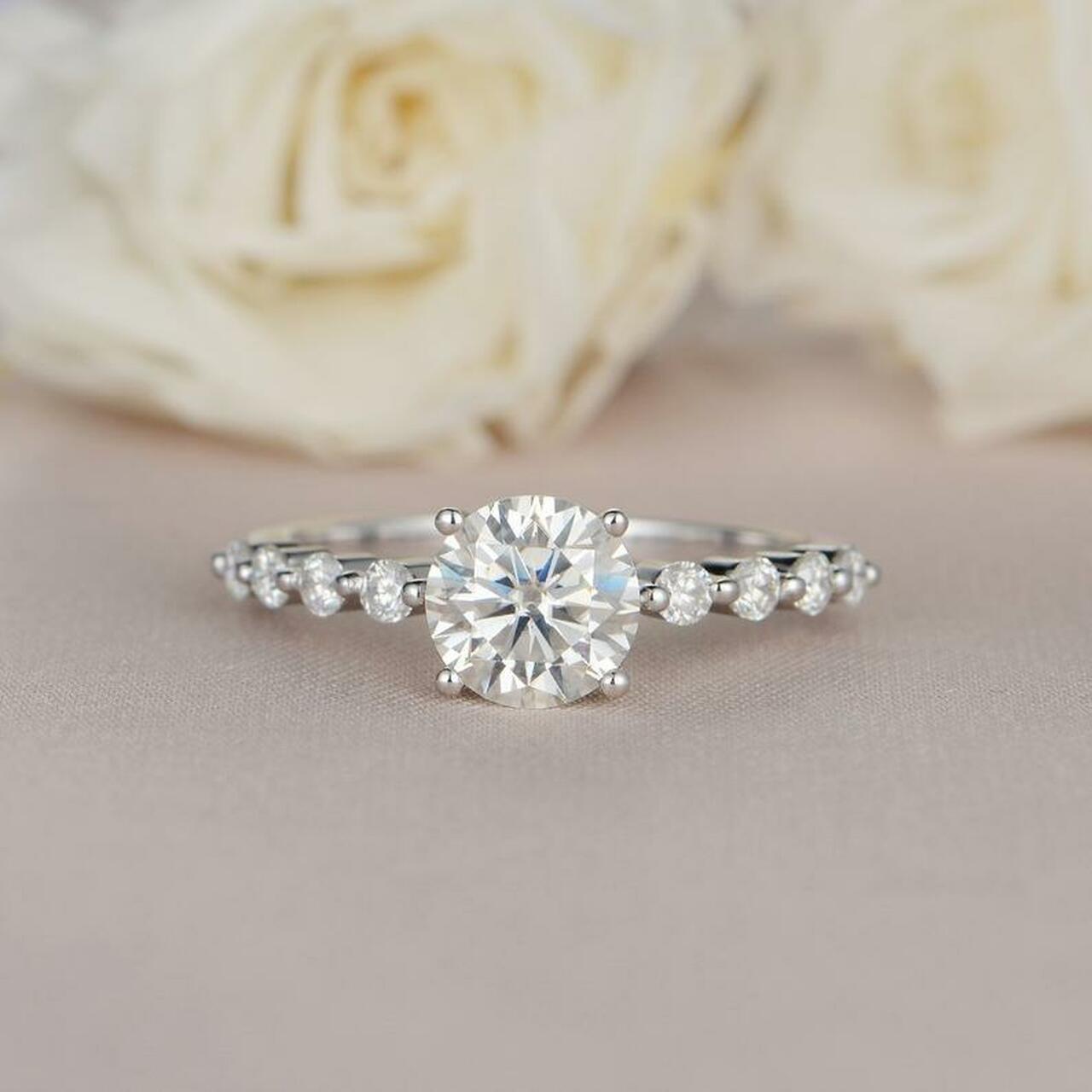 1.0CT Round Bubble Pave Moissanite Diamond Four Prong Engagement Ring