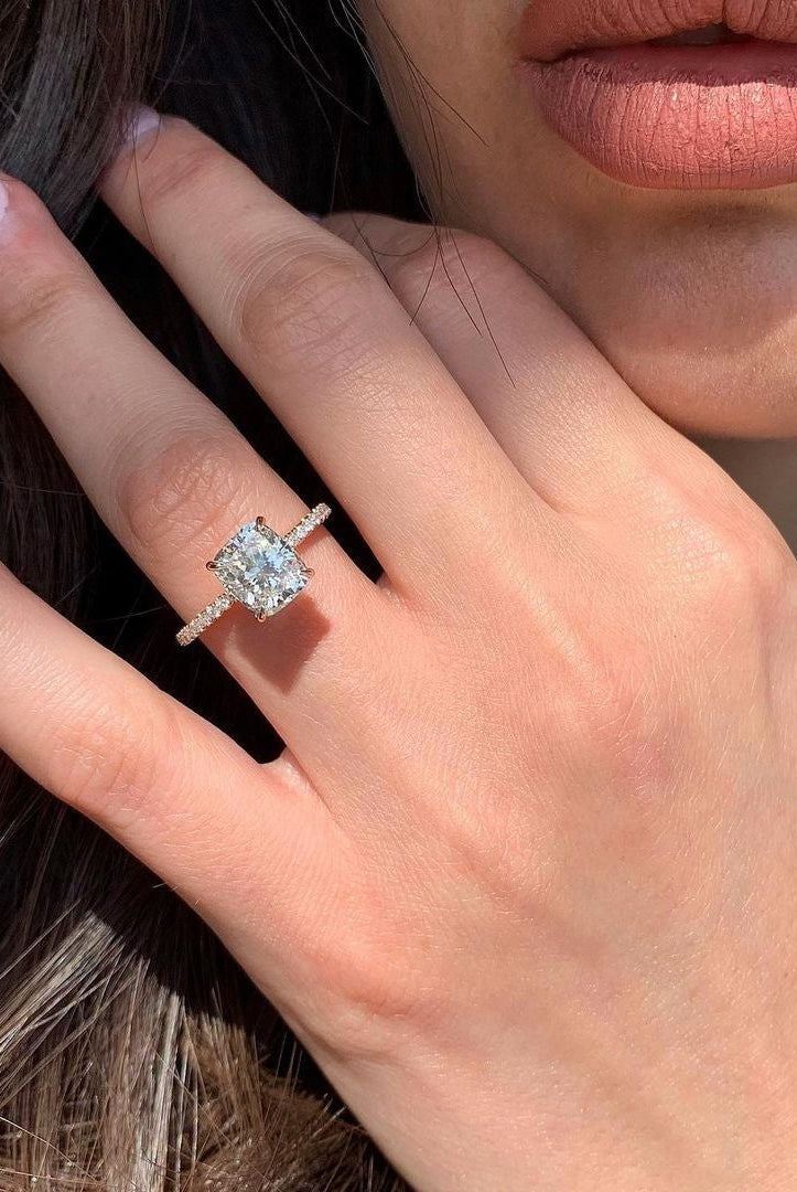 1.80CT Cushion Pave Moissanite Diamond Hidden Halo Engagement Ring