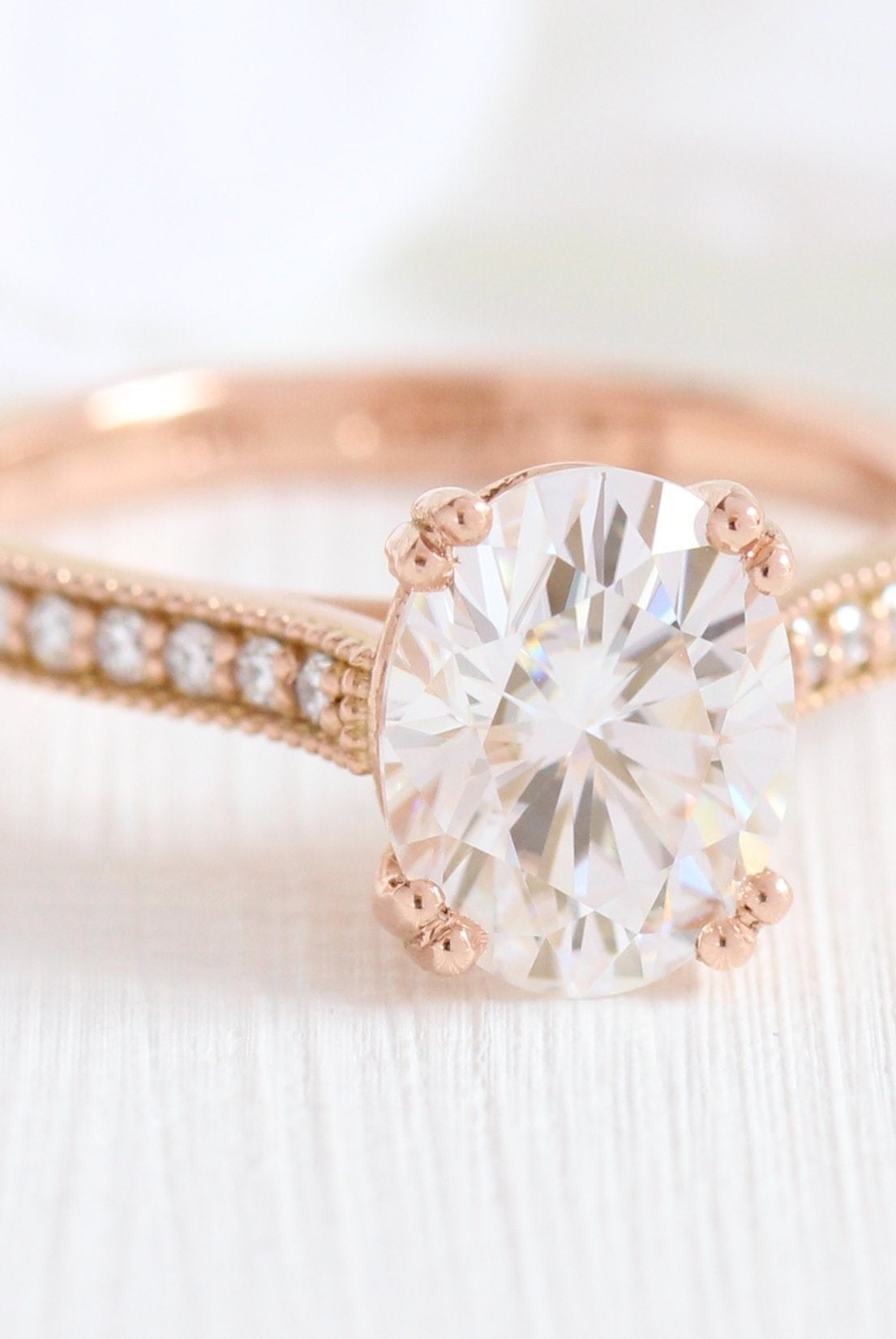 2.0CT Oval Channel Set Moissanite Diamond Double Claw Prong Engagement Ring