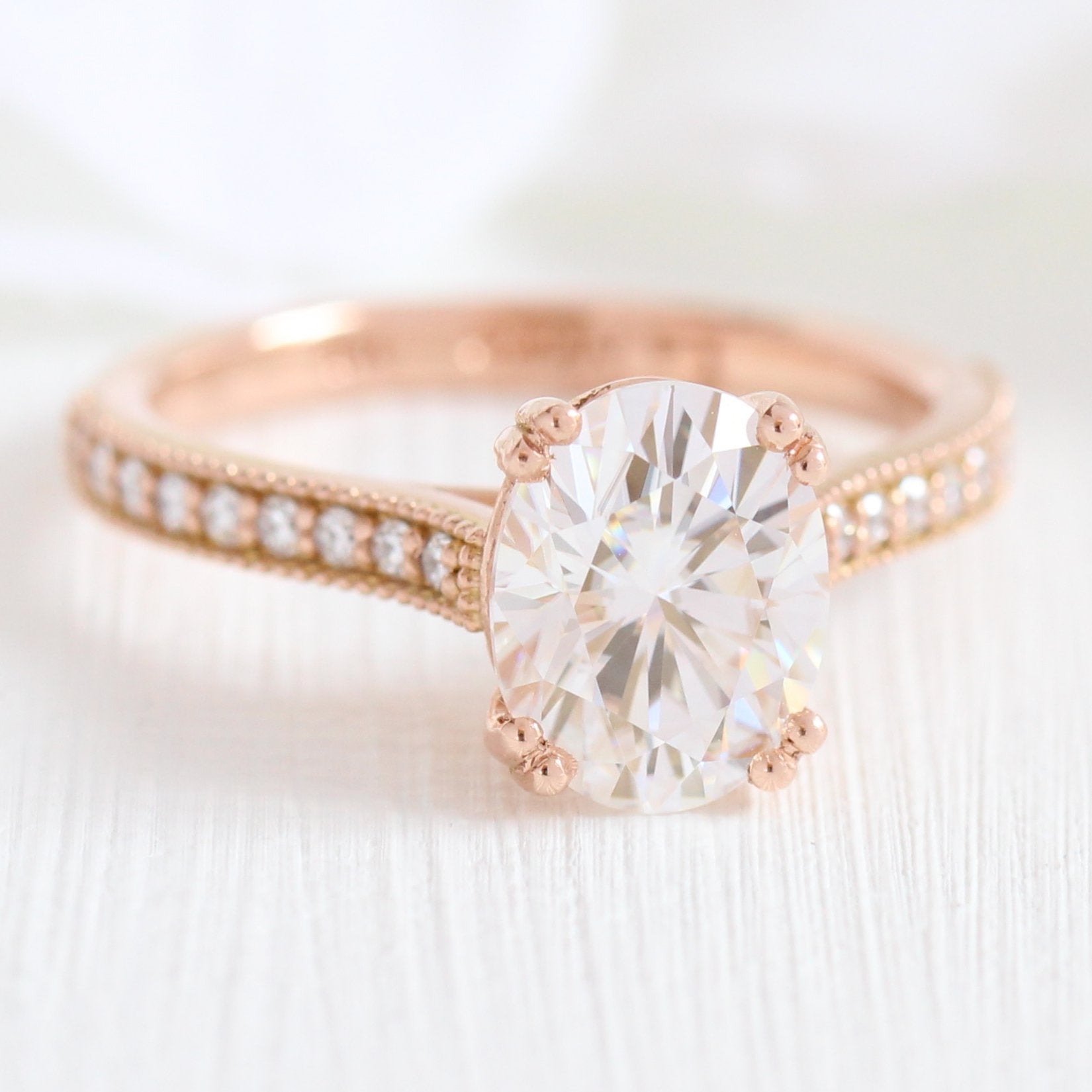 2.0CT Oval Channel Set Moissanite Diamond Double Claw Prong Engagement Ring