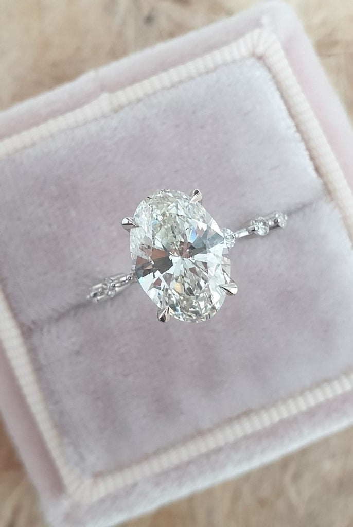 2.0ct Oval Petite Pave Moissanite Diamond Four Prong Engagement Ring In 18K Solid Gold