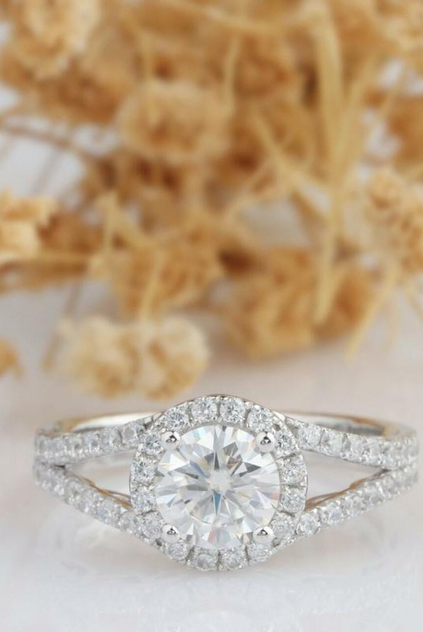 1.0CT Round Split Shank Moissanite Diamond Halo Engagement Ring
