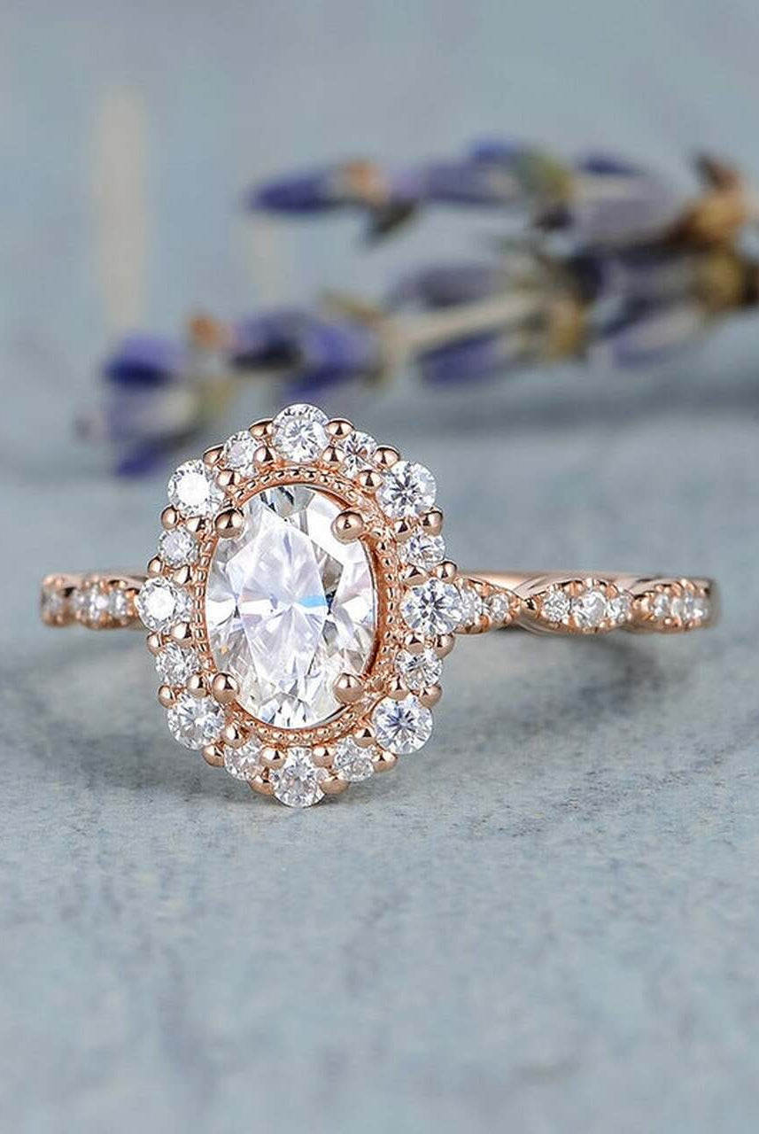 1.0CT Oval Floral Halo Moissanite Diamond Vintage Pave Engagement Ring