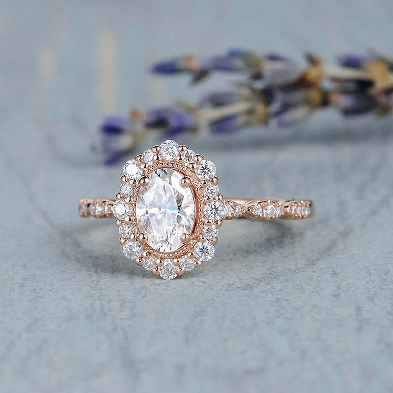 1.0CT Oval Floral Halo Moissanite Diamond Vintage Pave Engagement Ring