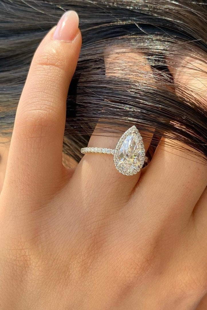 1.50CT Pear Halo Moissanite Diamond Pave Engagement Ring For Women In 14K Solid Gold