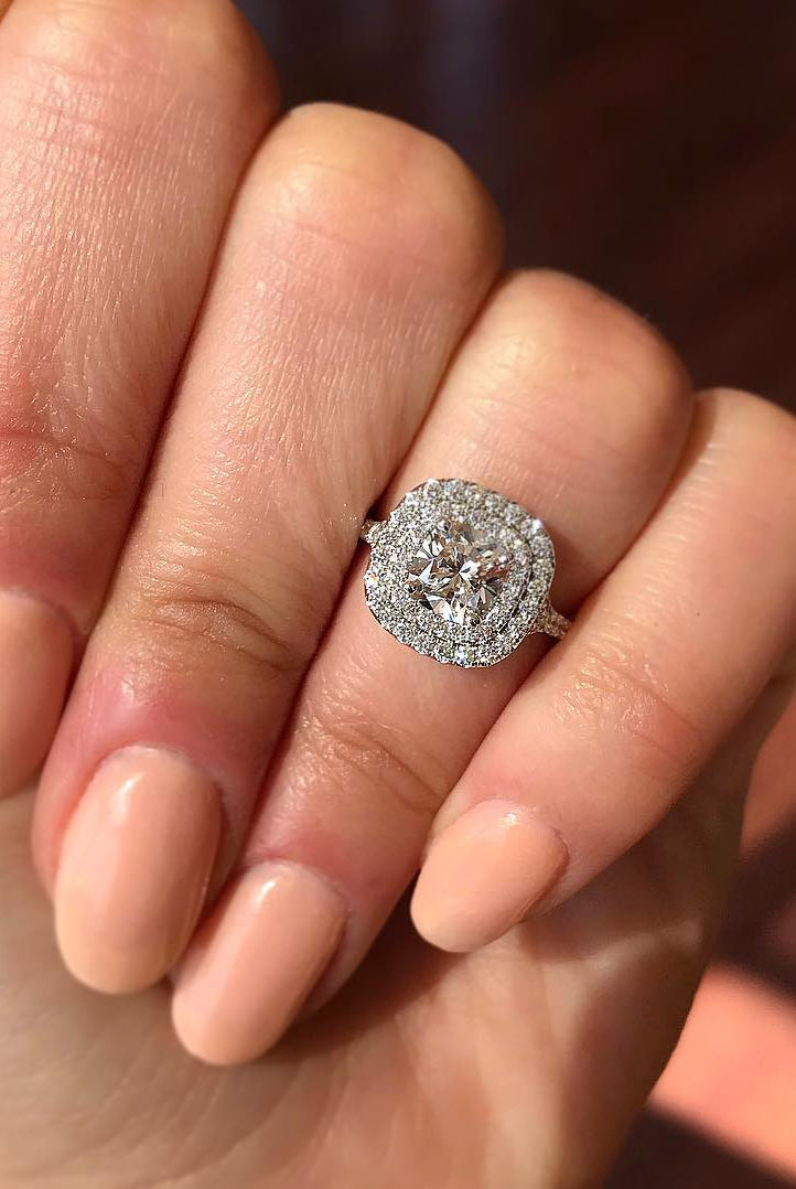 0.95CT Cathedral Set Cushion Moissanite Diamond Double Halo Engagement Ring