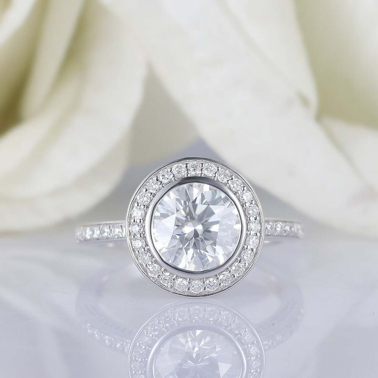 1.5CT Round Halo Moissanite Diamond Pave Engagement Ring In 14K White Gold