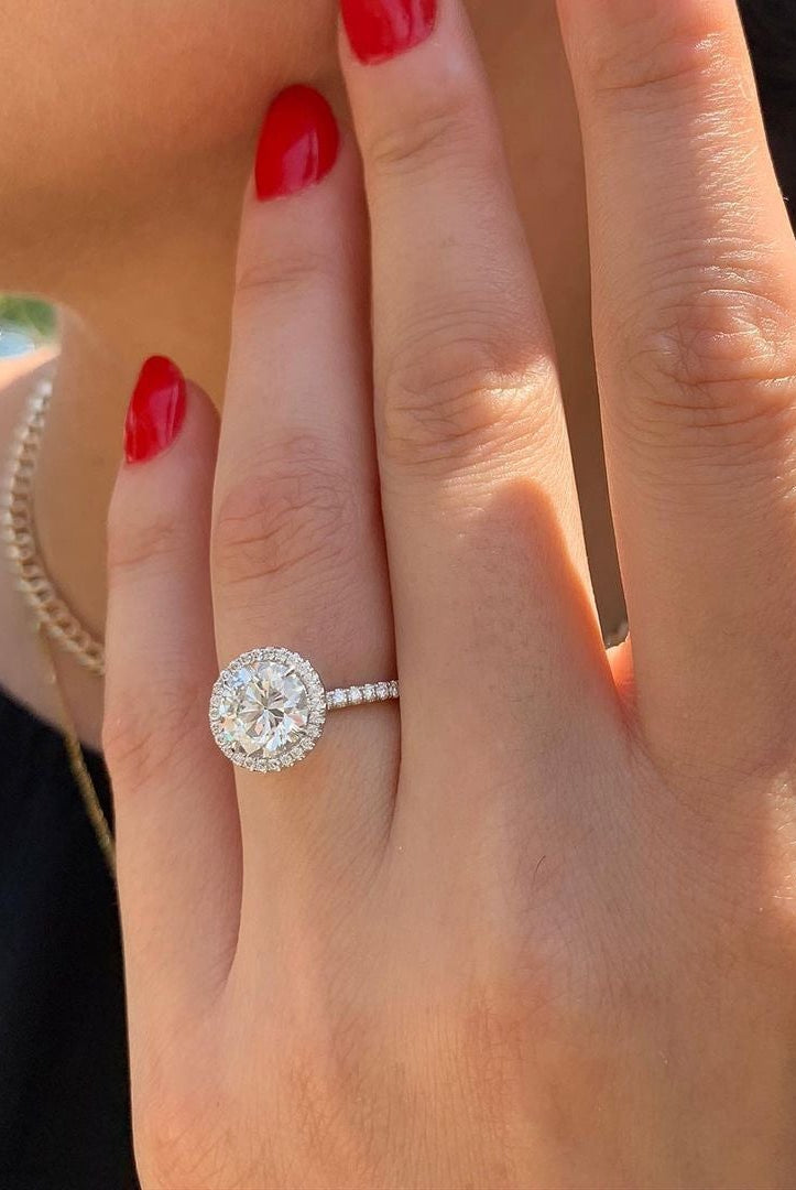 1.0CT Round Pave Moissanite Diamond Halo Engagement Ring In Solid Gold
