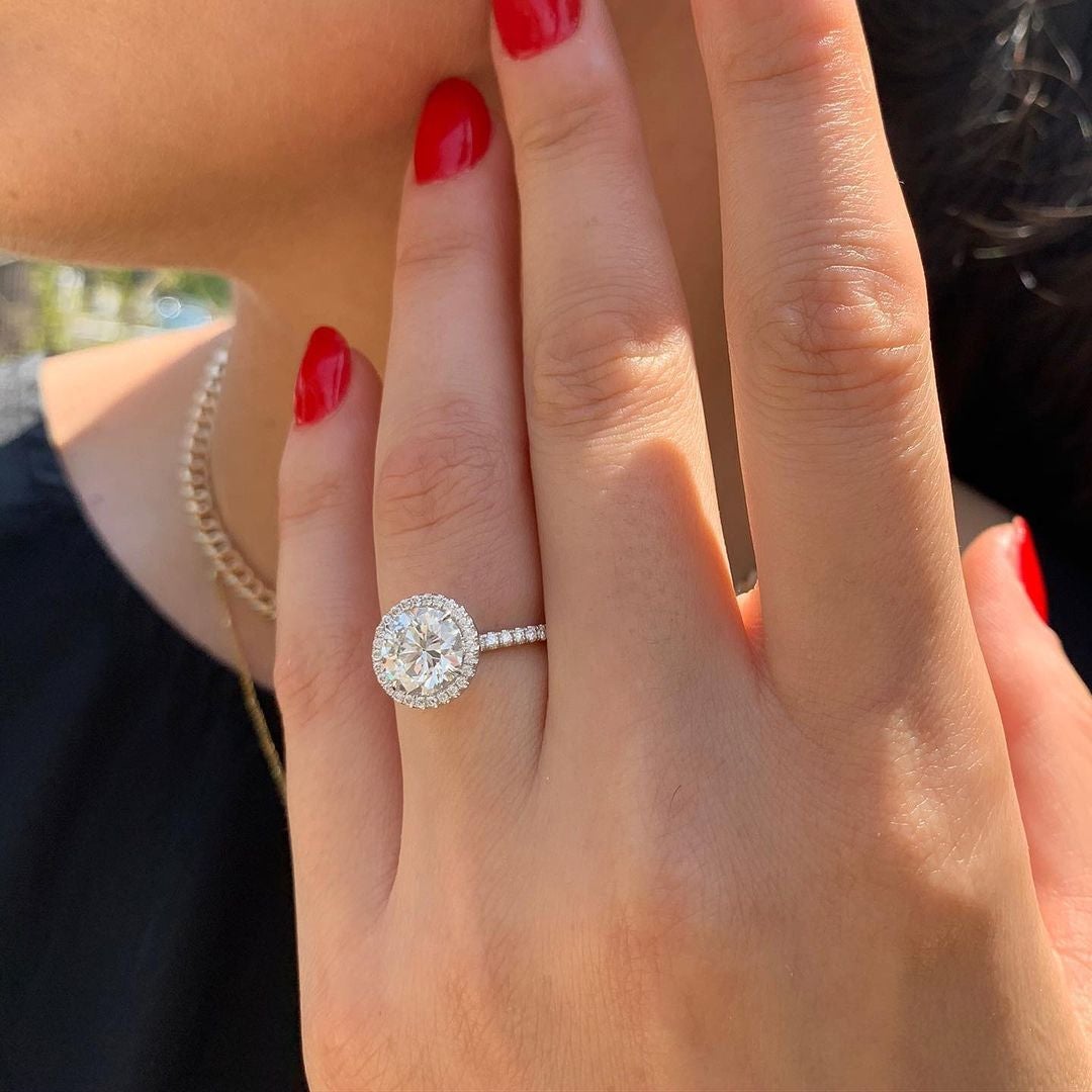 1.0CT Round Pave Moissanite Diamond Halo Engagement Ring In Solid Gold