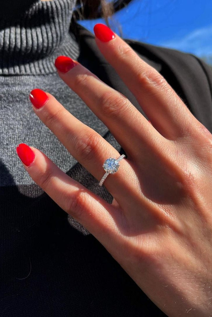 1.50CT Round Four Prong Moissanite Diamond Pave Engagement Ring
