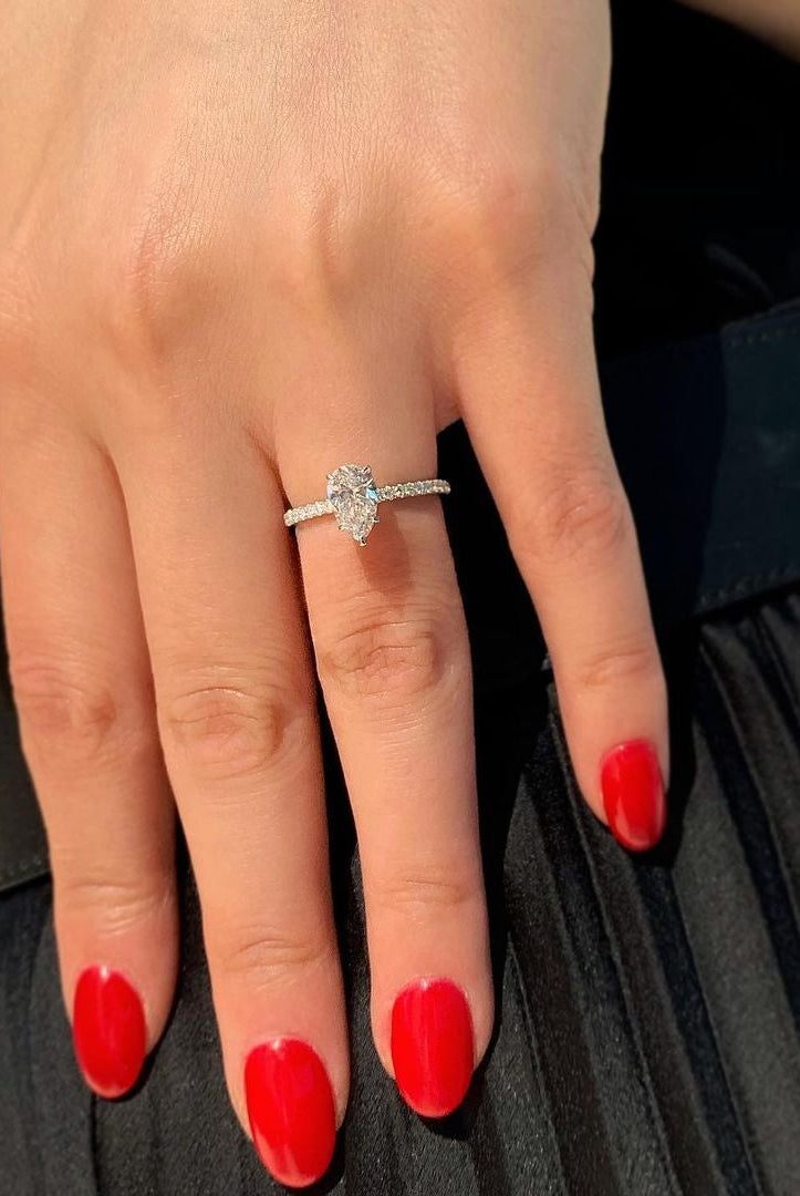 0.94CT Pear Pave Moissanite Diamond Five Prong Engagement Ring