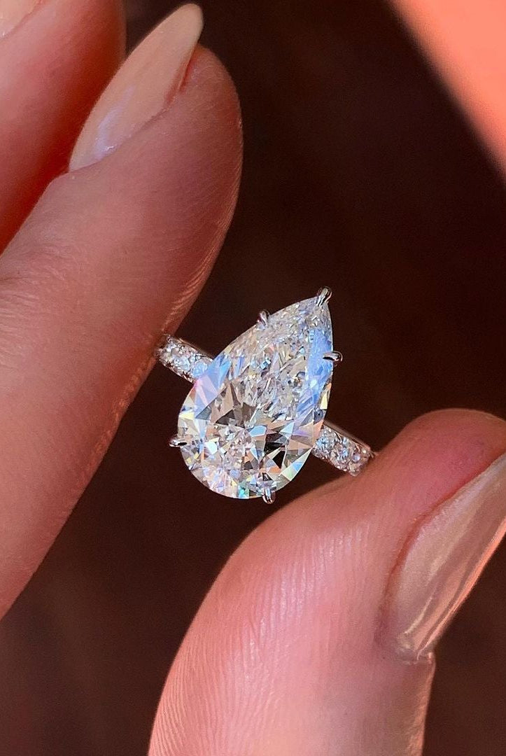 1.50CT Pear Hidden Halo Moissanite Diamond Five Prong Engagement Ring