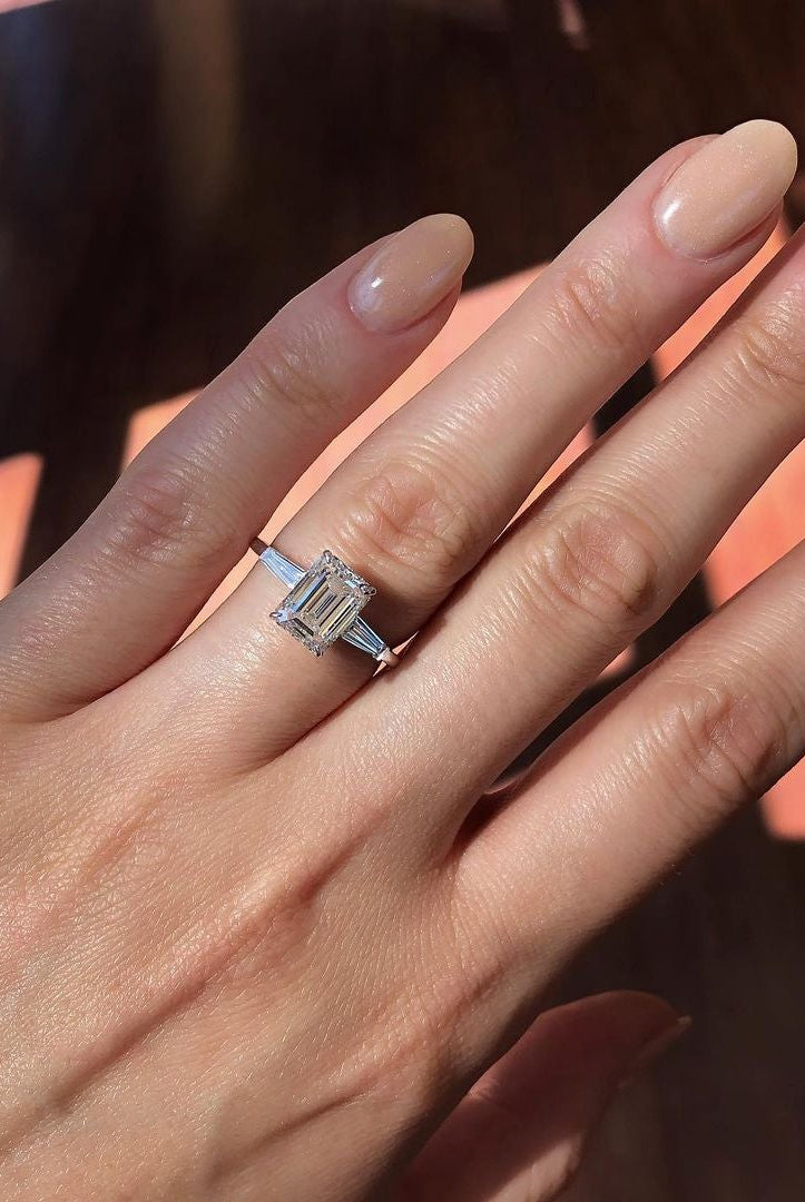 2.30CT Emerald Cut Three Stone Moissanite Diamond Engagement Ring In 14K White Gold