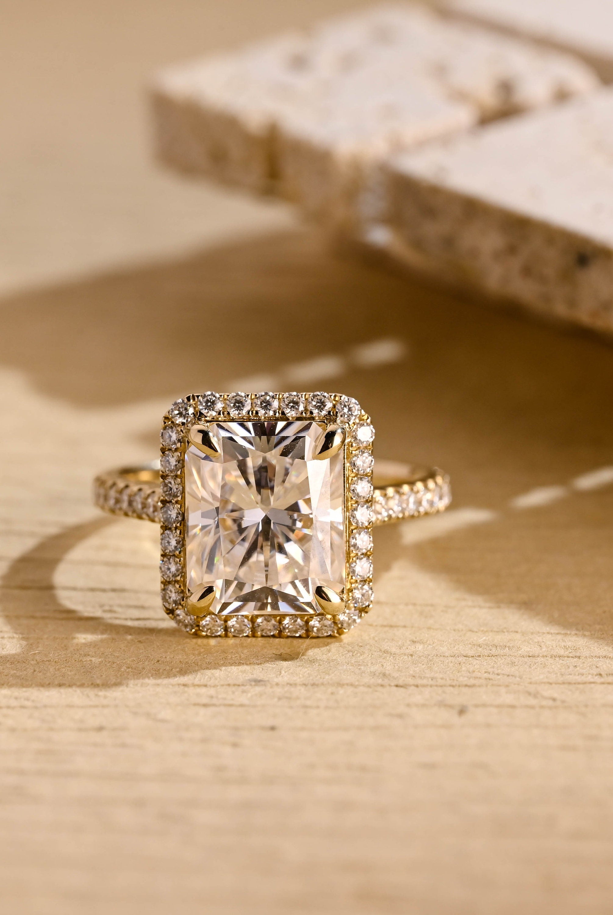 radiant cut halo moissanite engagement ring