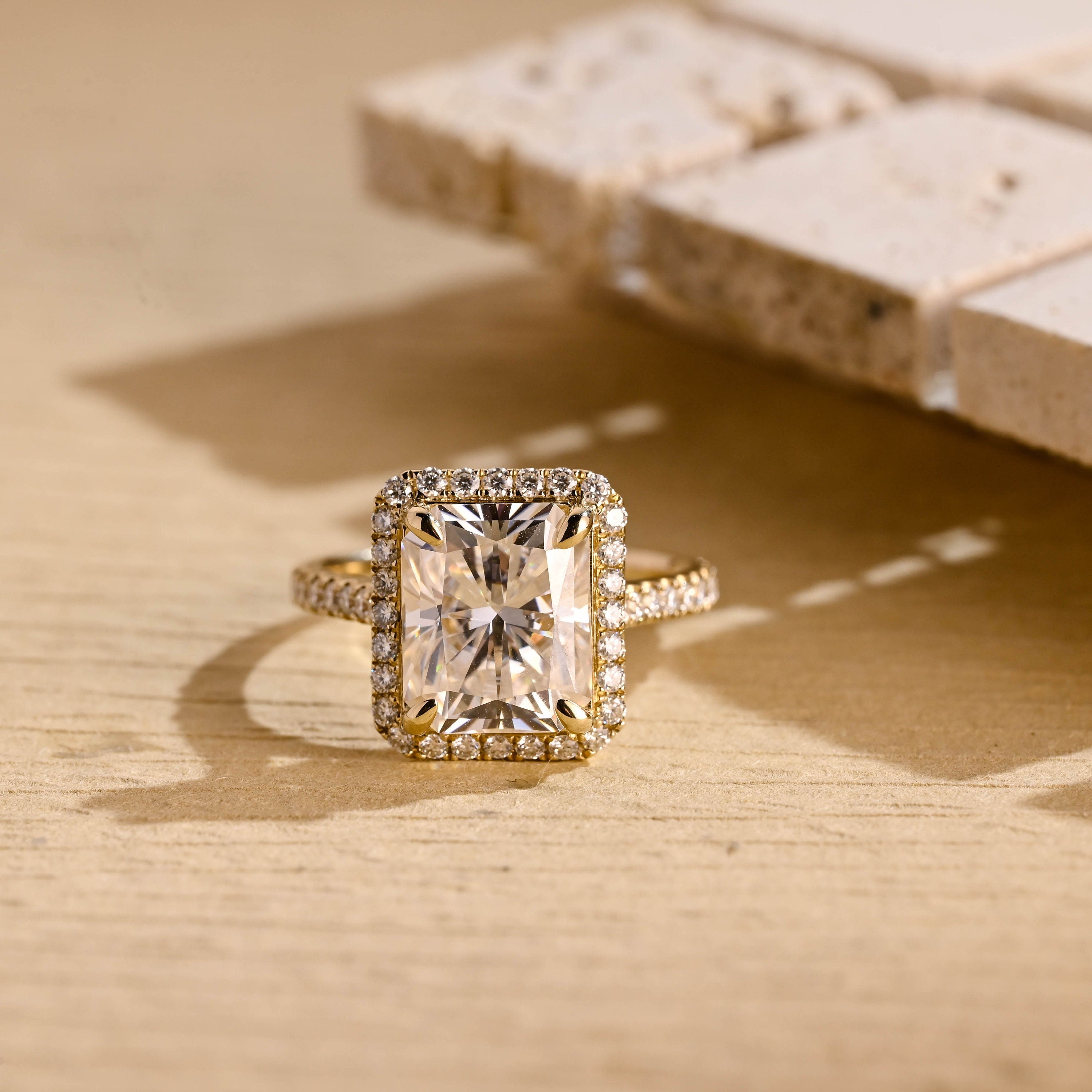 radiant cut halo moissanite engagement ring