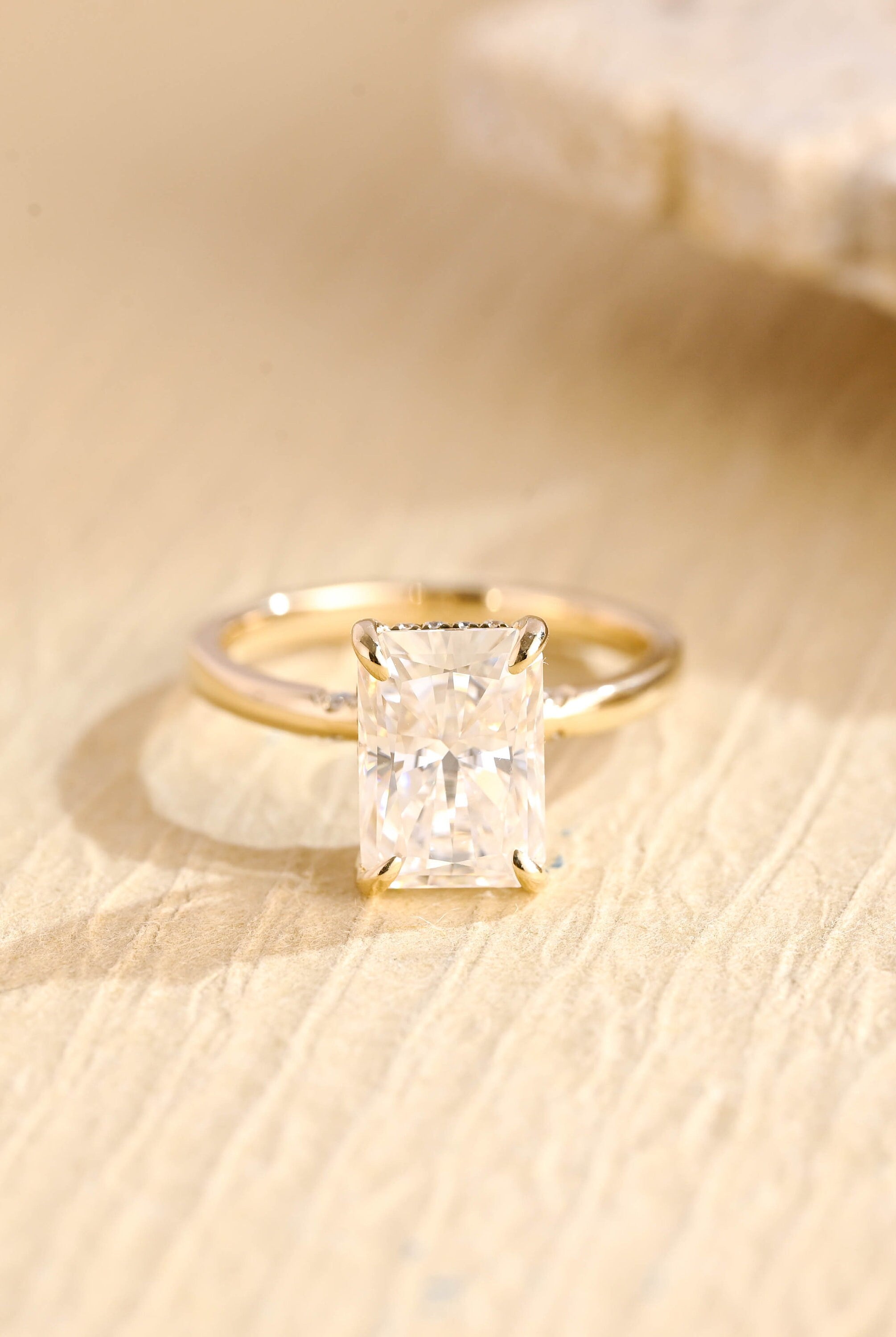 radiant cut hidden halo moissanite engagement ring