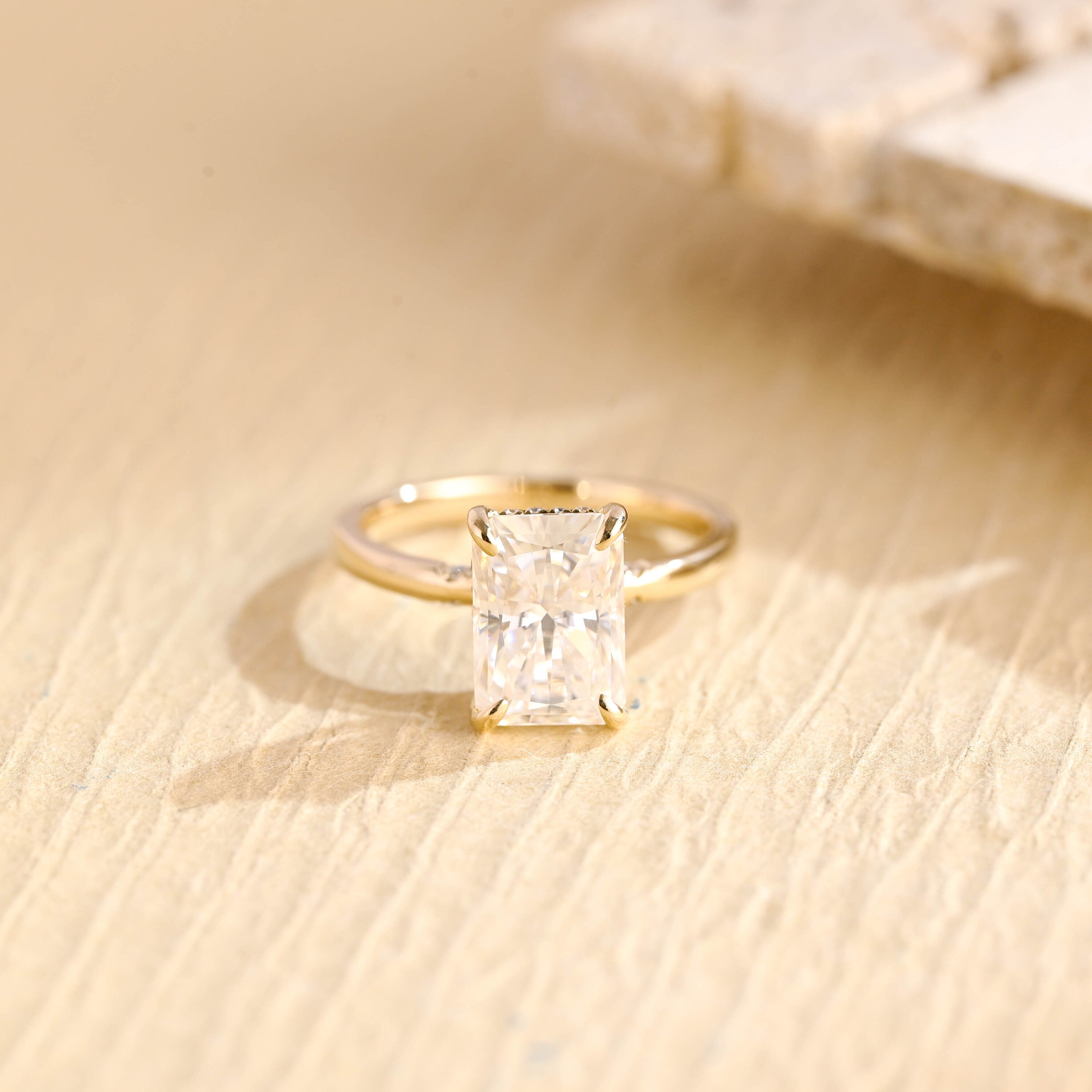 radiant cut hidden halo moissanite engagement ring