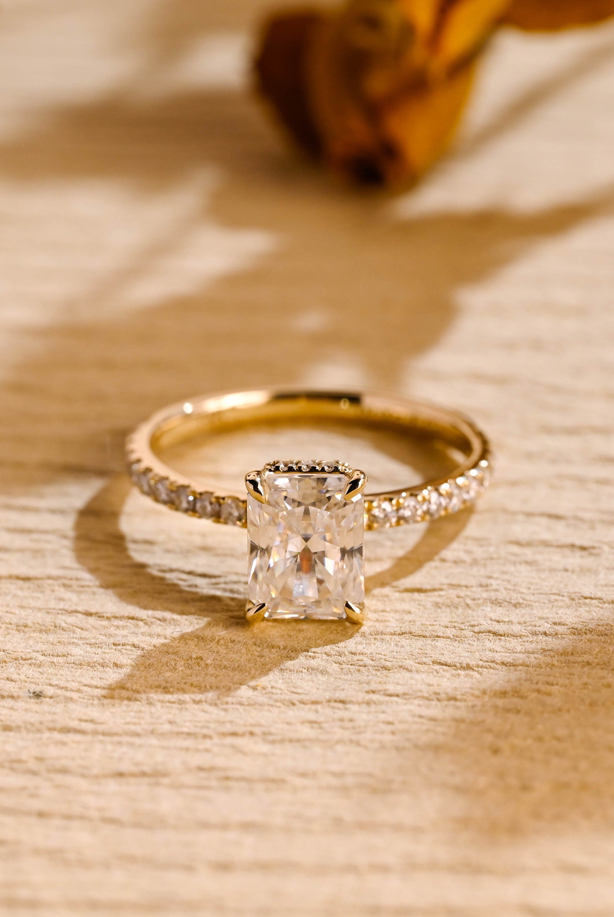 radiant cut hidden halo moissanite engagement ring